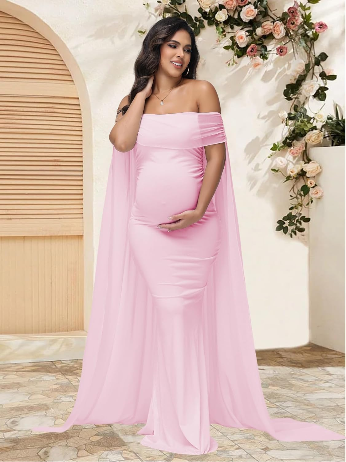 Justvh Women'S Maternity Mesh off Shoulder Chiffon Maxi Photoshoot Dress for Baby Shower Cloak Outfit Maxi Photography Gown image number 5