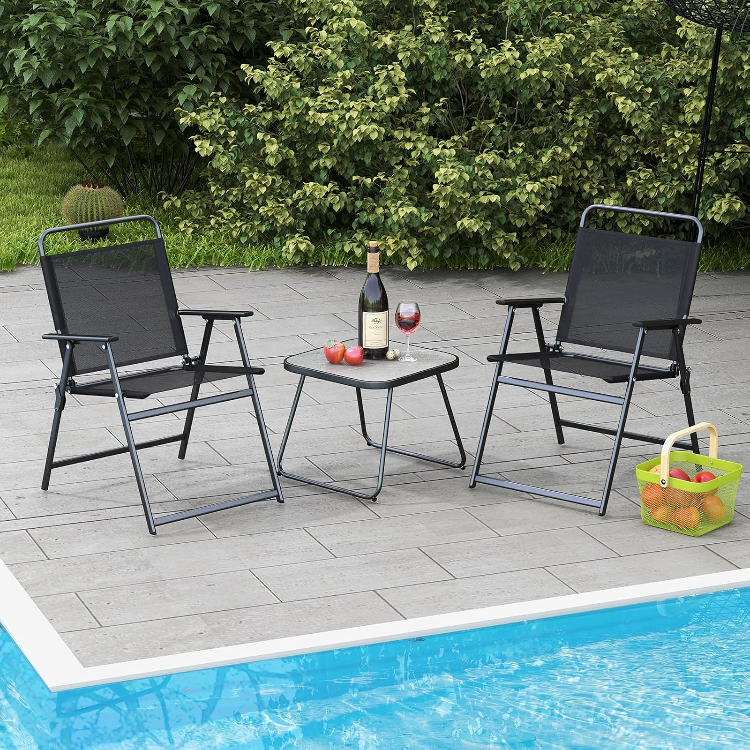 Costway 3 Piece Patio Folding Conversation Set, 2 Folding Chairs W/Coffee Table, Breathable Fabric & Heavy-Duty Metal Frame, Outdoor Portable Folding Chair Set for Backyard, Poolside, Balcony image number 3