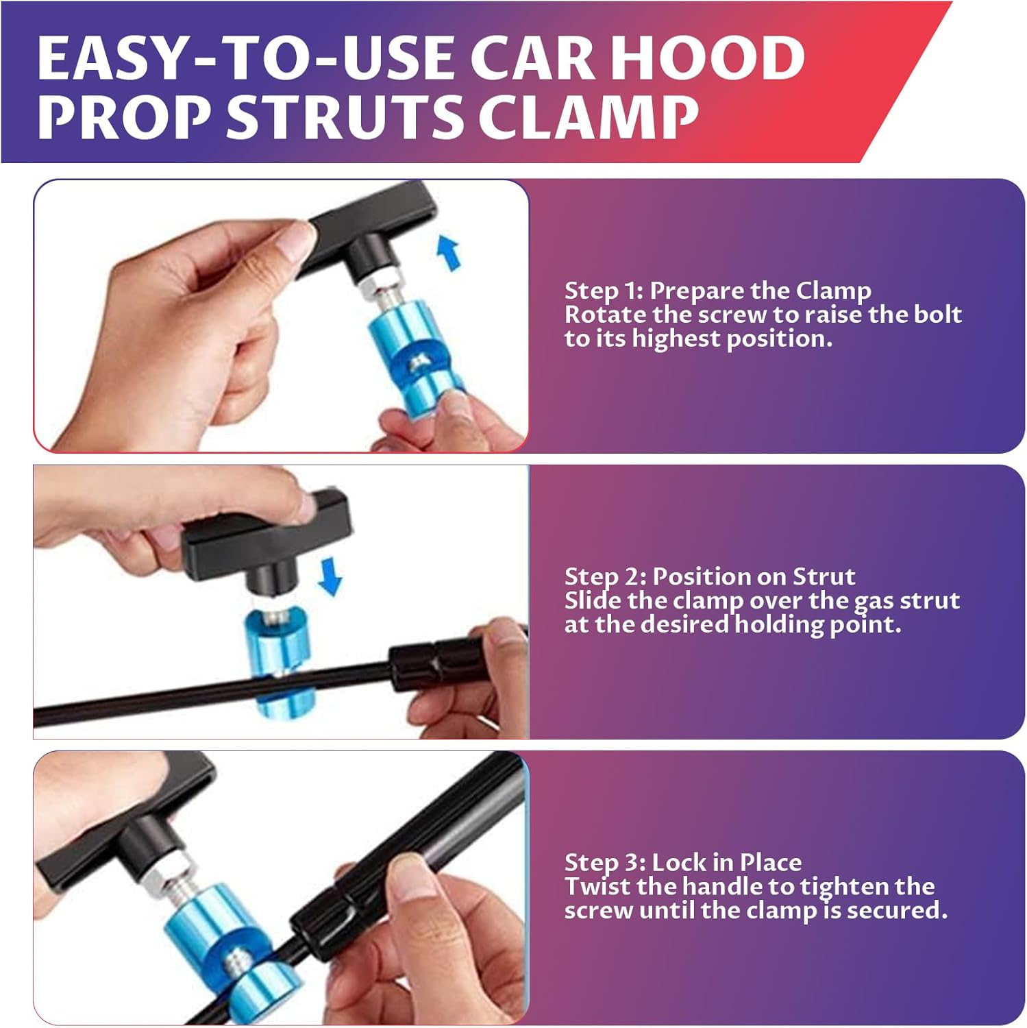 Hood Strut Clamp, 2 Pack Lift Support Clamp Hood, Car Hoods Lifting and Fixing Tool, Multi-Purpose Metal Vehicle Hoods Strut Clamps for Tailgates and Trunks with up to Dia.3/8&rdquo; (10Mm) image number 1