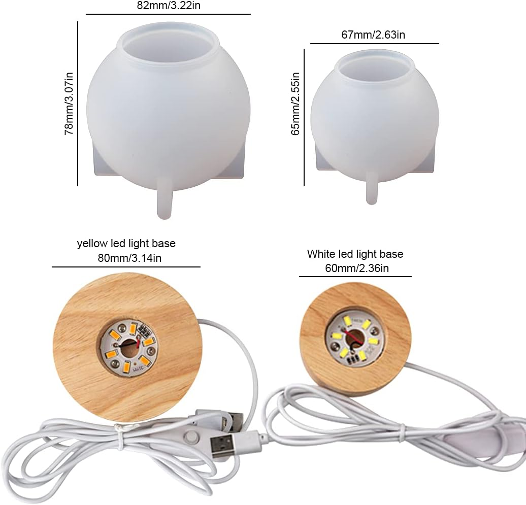 KHTAA 4PCS Large Sphere Light Resin Molds LED Silicone Molds for Resin with Wooden Lighted Base round Crystal Lamp Silicone Molds for Resin Art,Home Decor