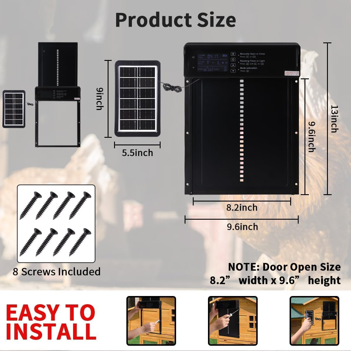 Automatic Solar Chicken Coop Door,Automatic Chicken Door Solar Powered&Usb Charging,With LCD Display&Timer&Light Sensor&Remote Control&Anti-Trap,Aluminum Anti-Pinch Weatherproof Chicken Door image number 3