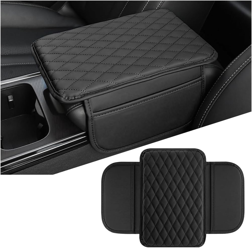 Car Centre Console Cover with Side Pocket,1Pc Car Center Console Cover with Side Bag,Leather Car Armrest Cover with Side Pocket,Car Center Console Cover Armrest Cushion,Black - Black image number 5
