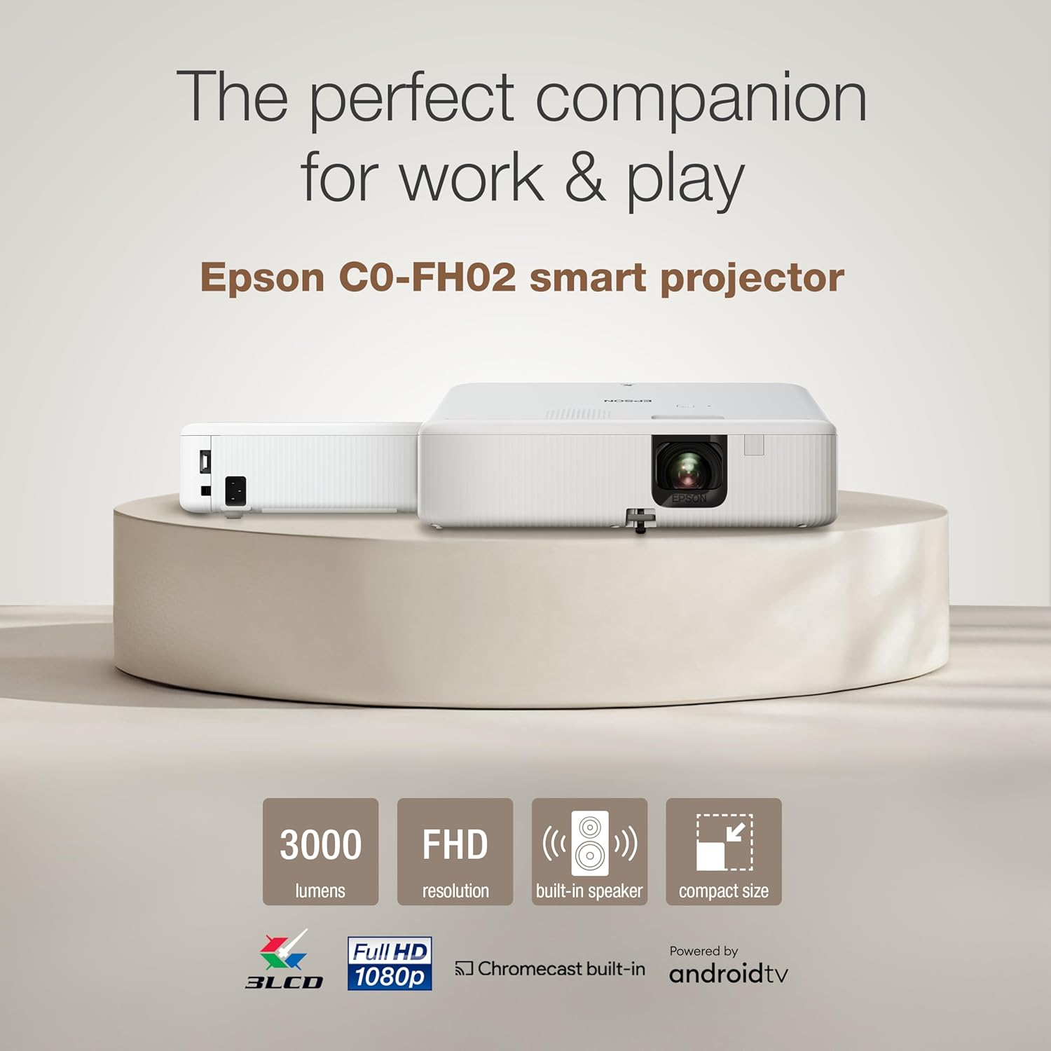 Epson CO-FH02 Full HD 1080P Smart Streaming Portable Projector, 3-Chip 3LCD, 3,000 Lumen Colour/White Brightness, Android TV, 5W Speaker, Home Entertainment