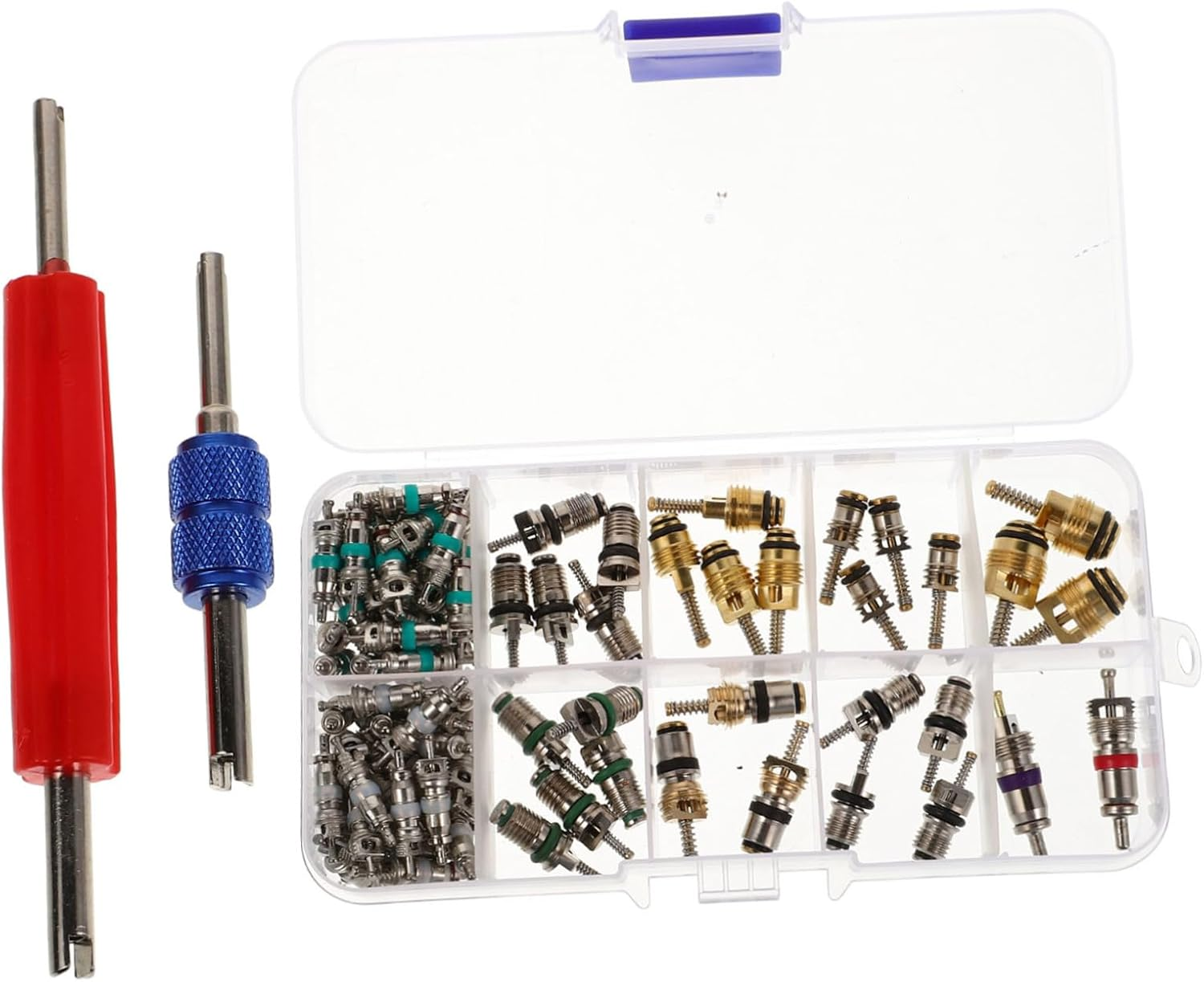 SWOOMEY Air Conditioner Valve Core Kit 102Pcs R134A Car Valve Stem Repair Tool Set with Dual-Head Remover Installer for Automotive Ac image number 1