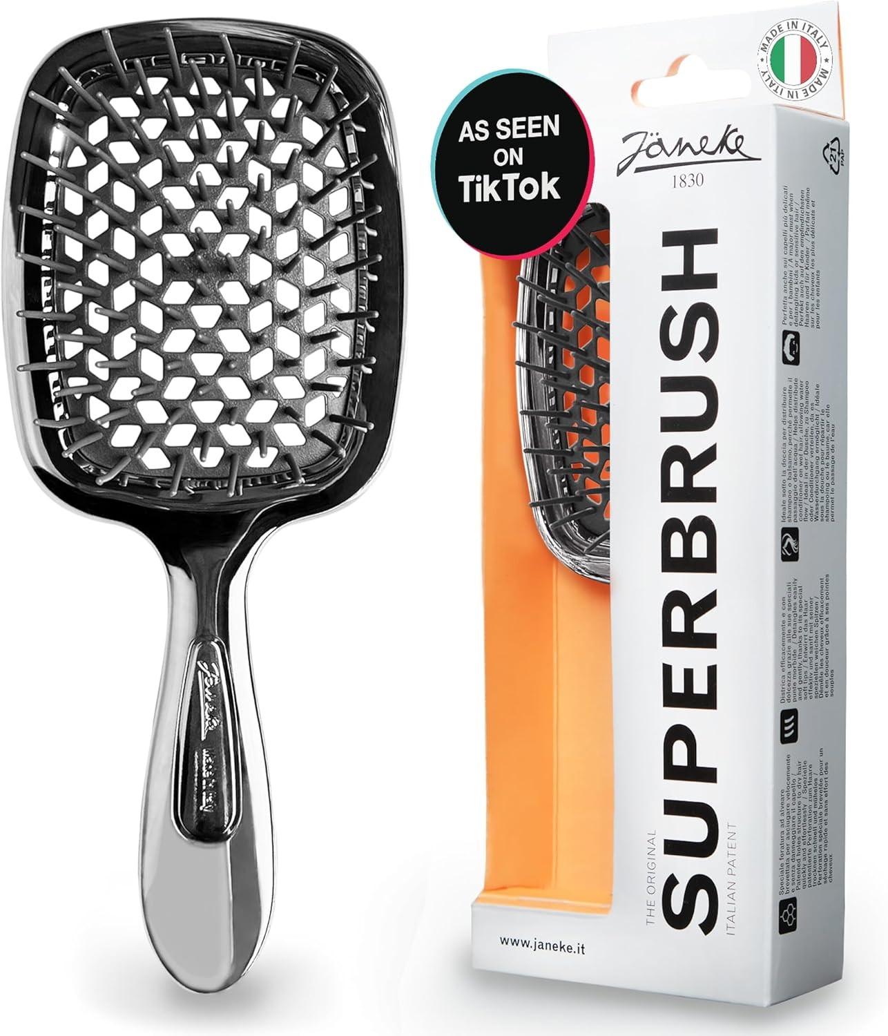 Janeke Superbrush Detangling Brush for Soft Smoothing Hair Brushing with Anti-Static Bristles - Vented Wet Hair Brush for Blow Drying Use - Perfect for Curly, Thick, Wavy, Fine Hair Types (Gold)