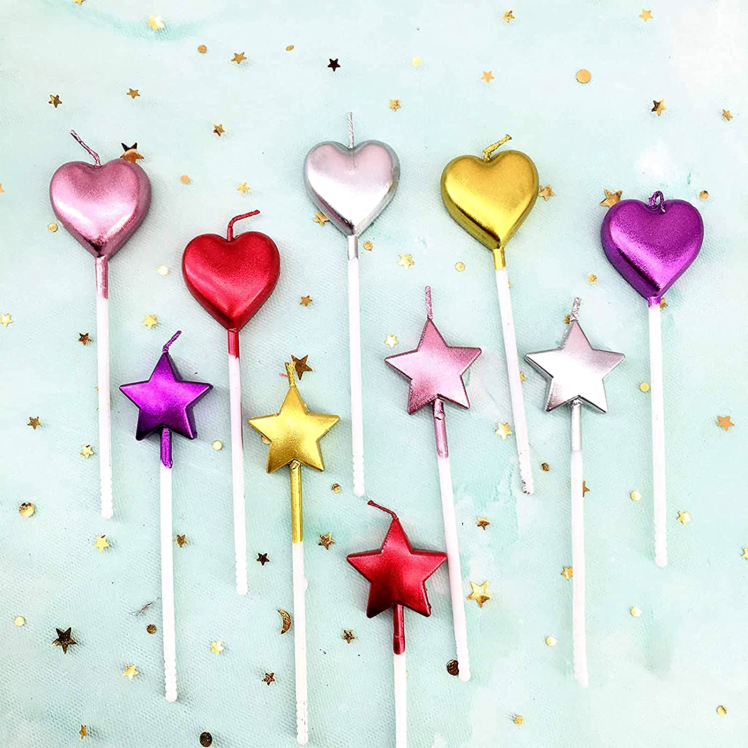 10 Cute Heart Shaped and Star Birthday Candles Multi Color Cake Candle Toppers for Party Wedding Cake Decoration Supplies Cute Birthday Decorations (Classic, Heart Star) image number 4