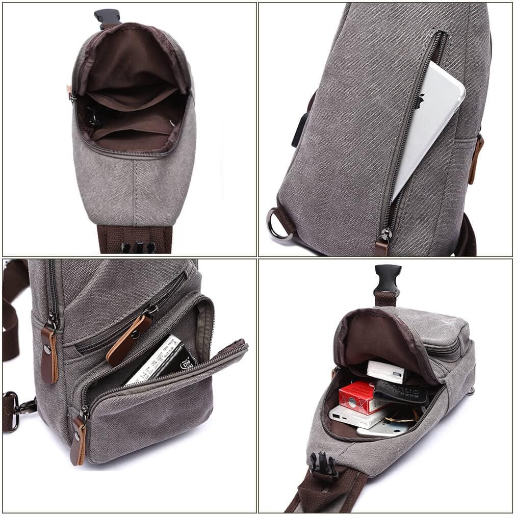 Canvas Sling Bag Crossbody Backpack Shoulder Casual Rucksack for Men Women Outdoor Cycling Hiking Travel Fishing Shopping Trekking - Grey image number 3
