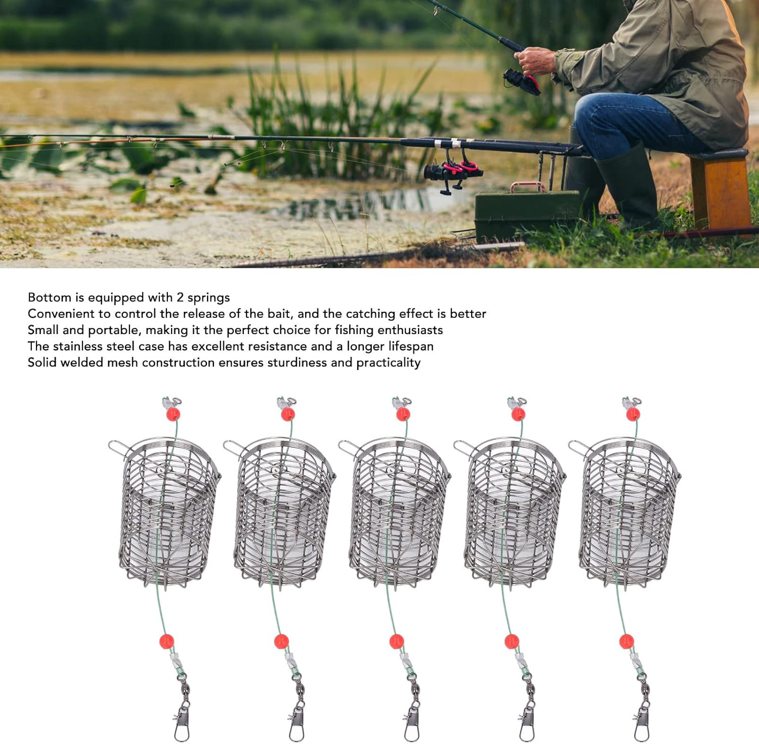 Fishing Bait Cage Basket, Stainless Steel Compact Fishing Lure Cage for River for Crab (M) image number 4