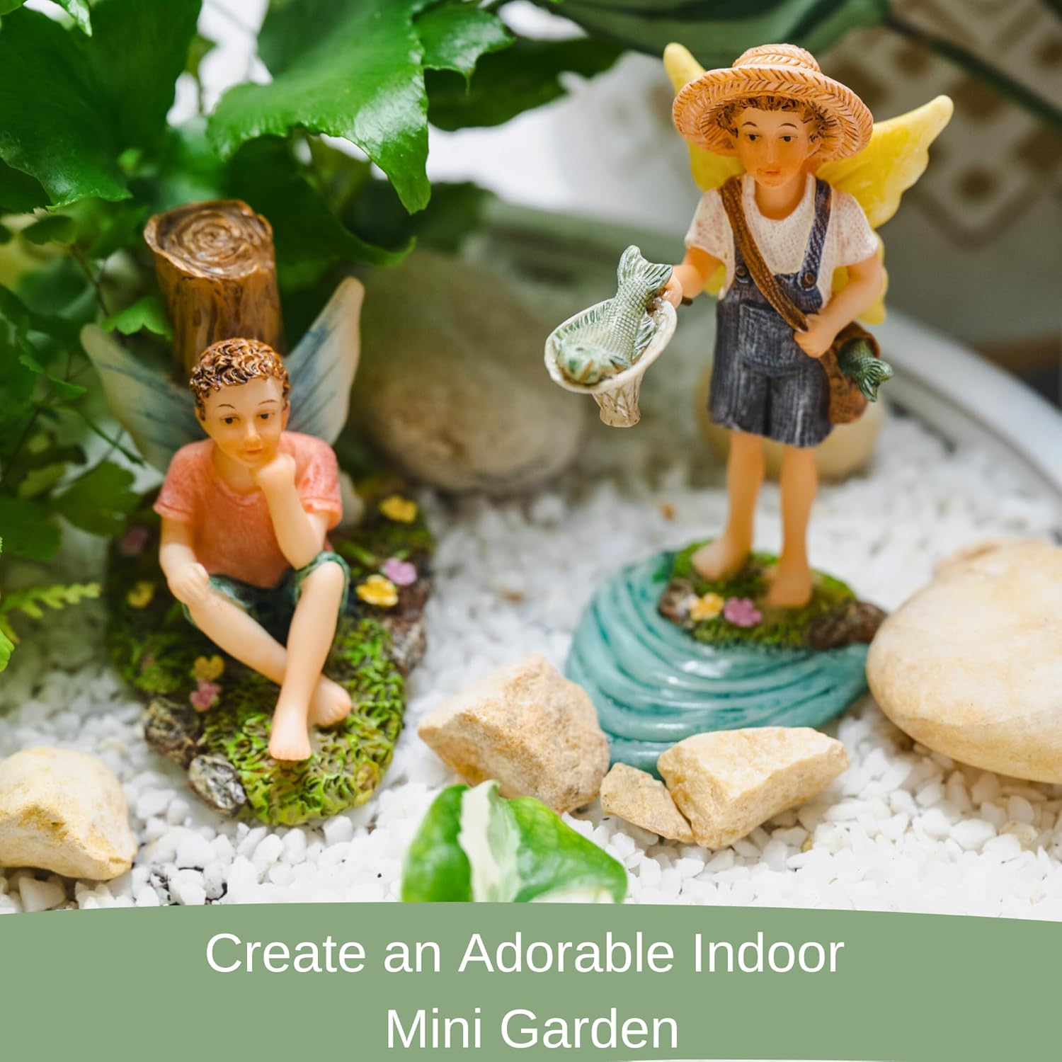 PRETMANNS Fairies for Fairy Garden - Fishing Boy Figurines &ndash; Accessories for Indoor or Outdoor Miniature Garden &ndash; 2-Piece Set