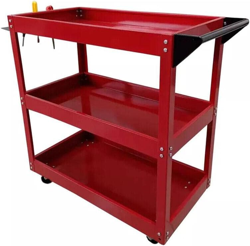 AIMALL Tool Trolley 3 Tiers Workshop Cart Rolling Steel Part Storage Handyman 150KG Red with 330LB Load Capacity, Omni-Directional Wheels, Handle, 25.6"X13.8"X29.1"