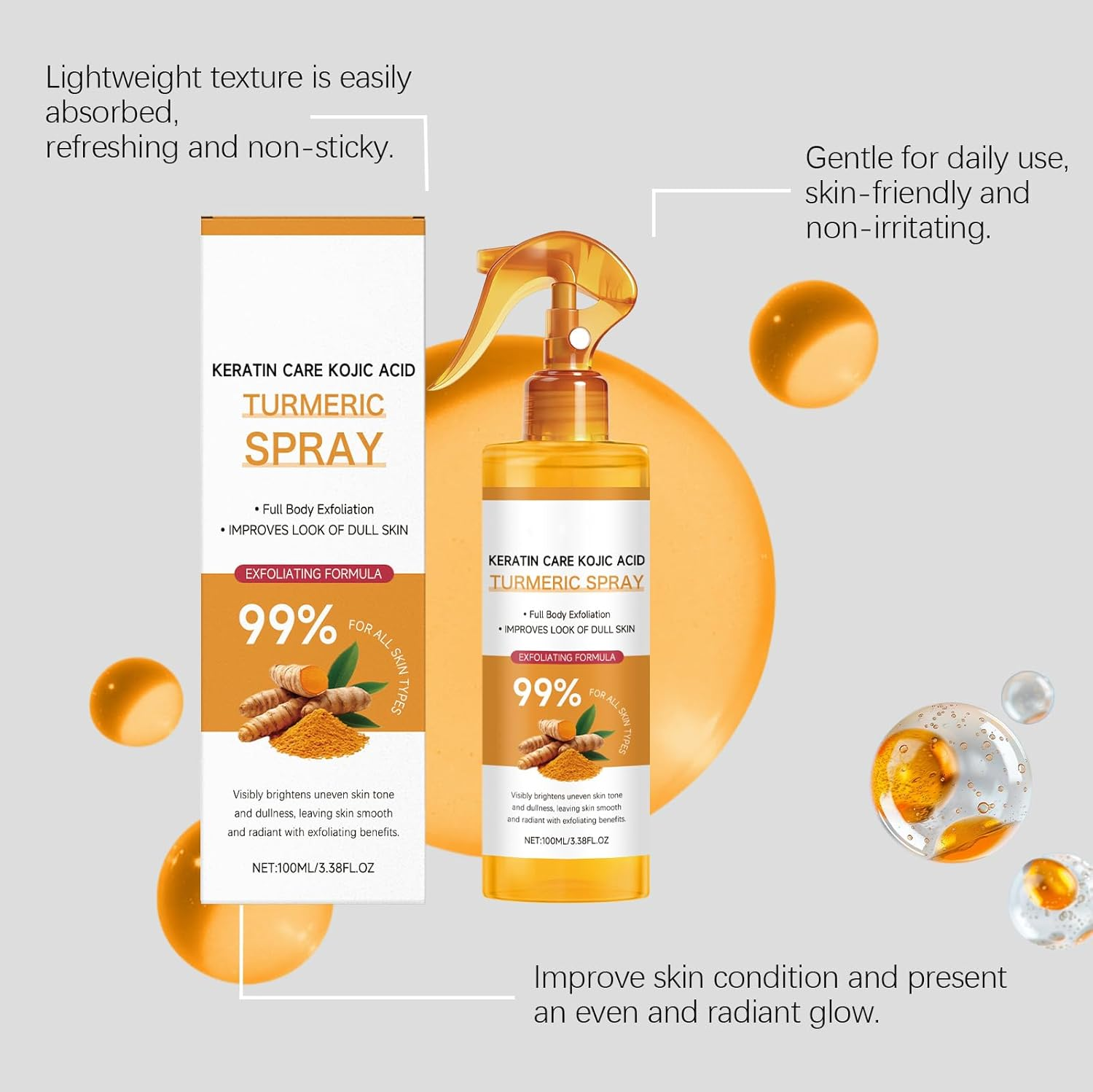 Peel Shot Keratin Care Turmeric Spray, Turmeric Exfoliating Spray with Retinol, Gentle Moisturizing, Nourishes the Skin, for Face and Body, Peeling Solution Skincare All Skin Types (6PCS) - 2Pcs image number 6