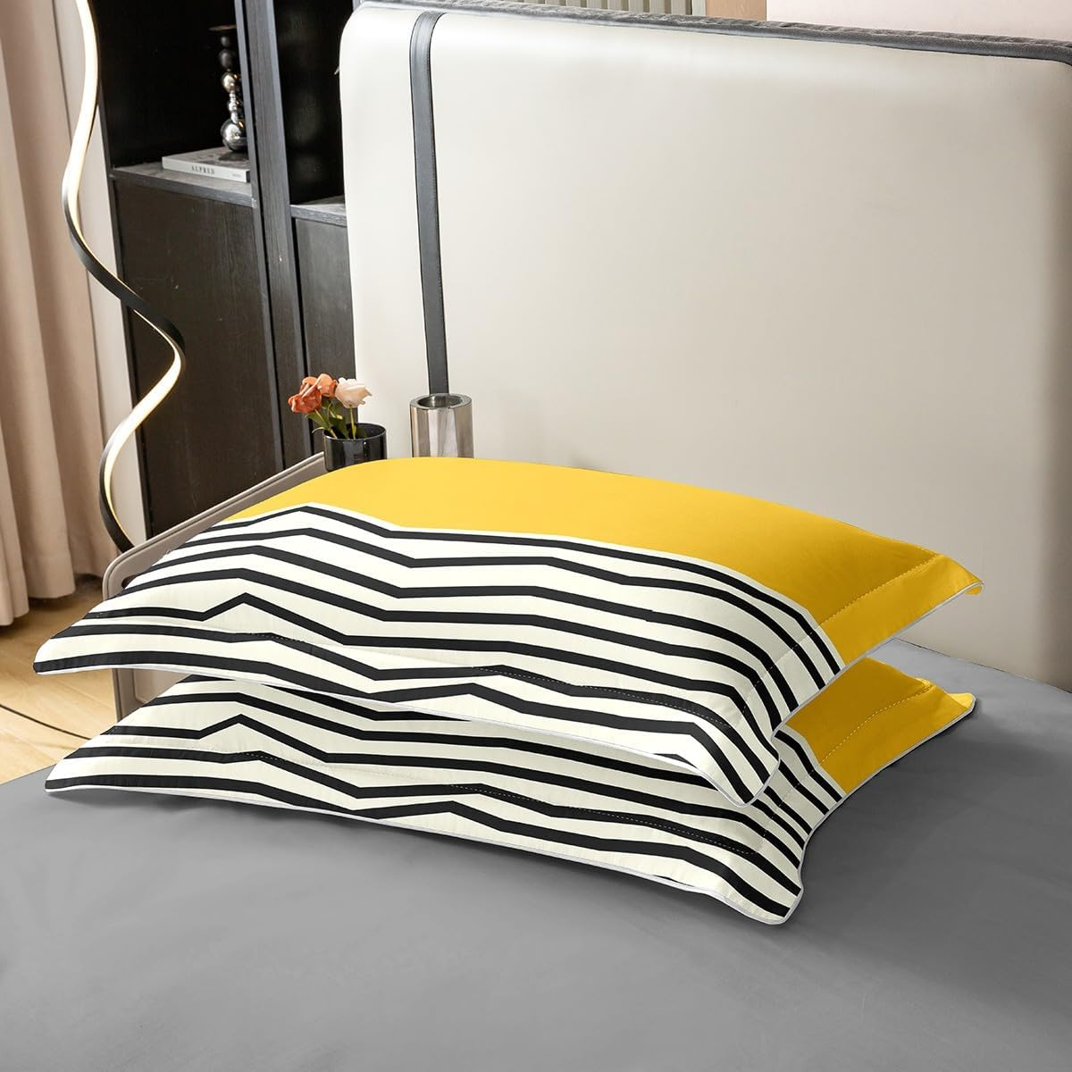 Geometric Minimalist 100% Cotton Duvet Cover 220 X 240 Cm for Children Adults Yellow Beige Bed Linen Set, Boho Simple Black Striped Comforter Cover, Modern Abstract Zigzag Lines Bed Set image number 4