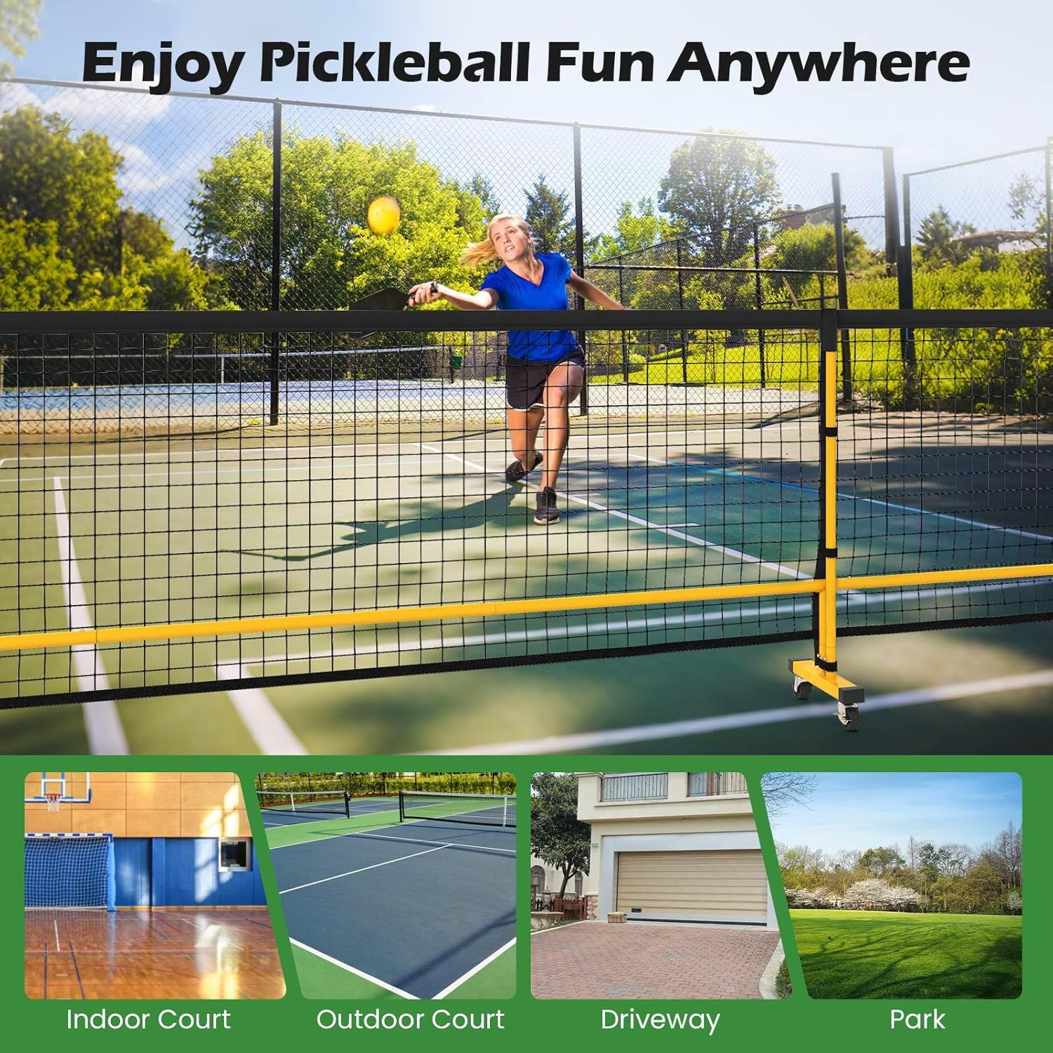 Costway Portable PE Pickleball Net, 6.75M Regulation Size Pickle Ball Net System W/6 Lockable Wheels, Heavy-Duty Metal Frame & Carry Bag, Ideal for Outdoor Indoor Driveway Backyard image number 2