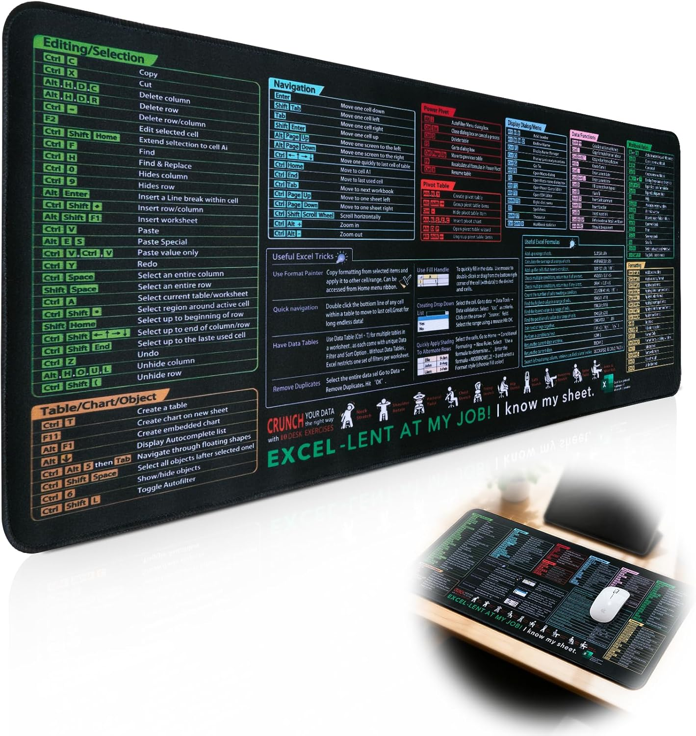 Excel Shortcut Mouse Pad - Extended Large Non-Slip Cheat Sheet Gaming Mousepad, 31.5''X11.81'' Desktop Mat for Office,Essential Computer Accessories & Office Desk Accessories for Workstations image number 5