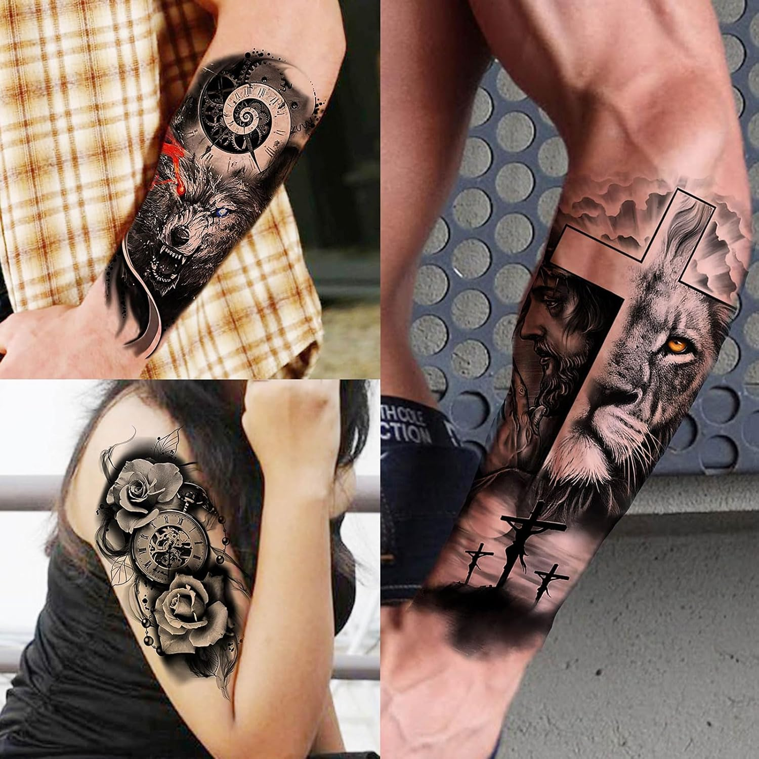 72 Sheets Large Half Arm Sleeve Temporary Tattoos for Men Women Forearm, Tribal Wolf Tiger Lion Owl Skull Temp Halloween Fake Tattoo Stickers Adults, Black Realistic Tattoo Flower Rose Animals image number 3