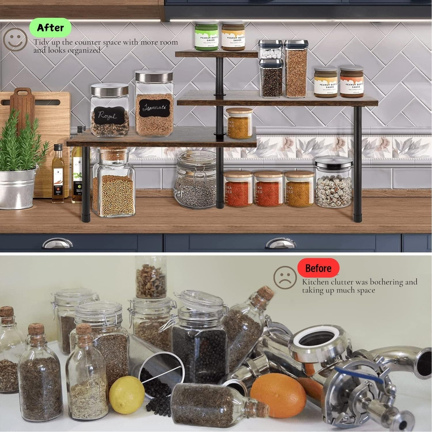CARLA HOME 3-Tier Corner Shelf Kitchen Spice Rack Organiser Home Storage & Organisation, Adjustable Wooden Wall Shelf Pantry Organiser, Spice Jars Storage Rack for Kitchen Countertop image number 2