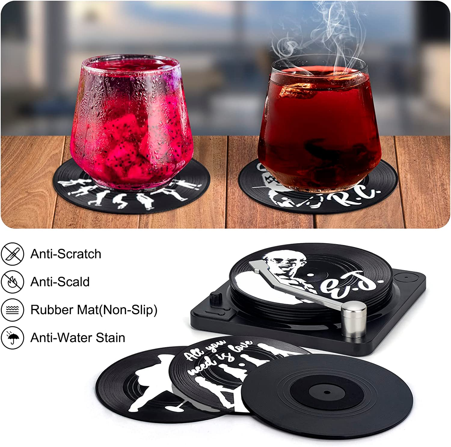 Valdivia Retro Vinyl Record Coasters with Base and Legendary Labels, Coaster Glasses Drink Coasters Set of 6 with Gift Box for Bars, Cafes, Home, Party, Office - Nostalgic image number 5