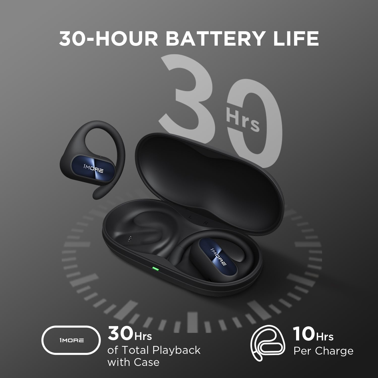 1MORE Fit SE S30 Open Ear Headphones, Wireless Bluetooth Headphones with 4 Microphones for Clear Calls, Sports Earbuds Split Design with Earhooks, IPX5, 30-Hour Playtime, Bluetooth 5.3, Black
