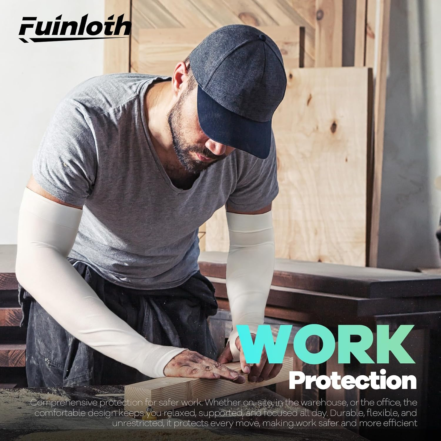 Fuinloth Arm Sleeves with Thumb Hole, Cooling UV Sun Protection Sports Compression for Men/Women - 2 Pairs - Black+Blue image number 5