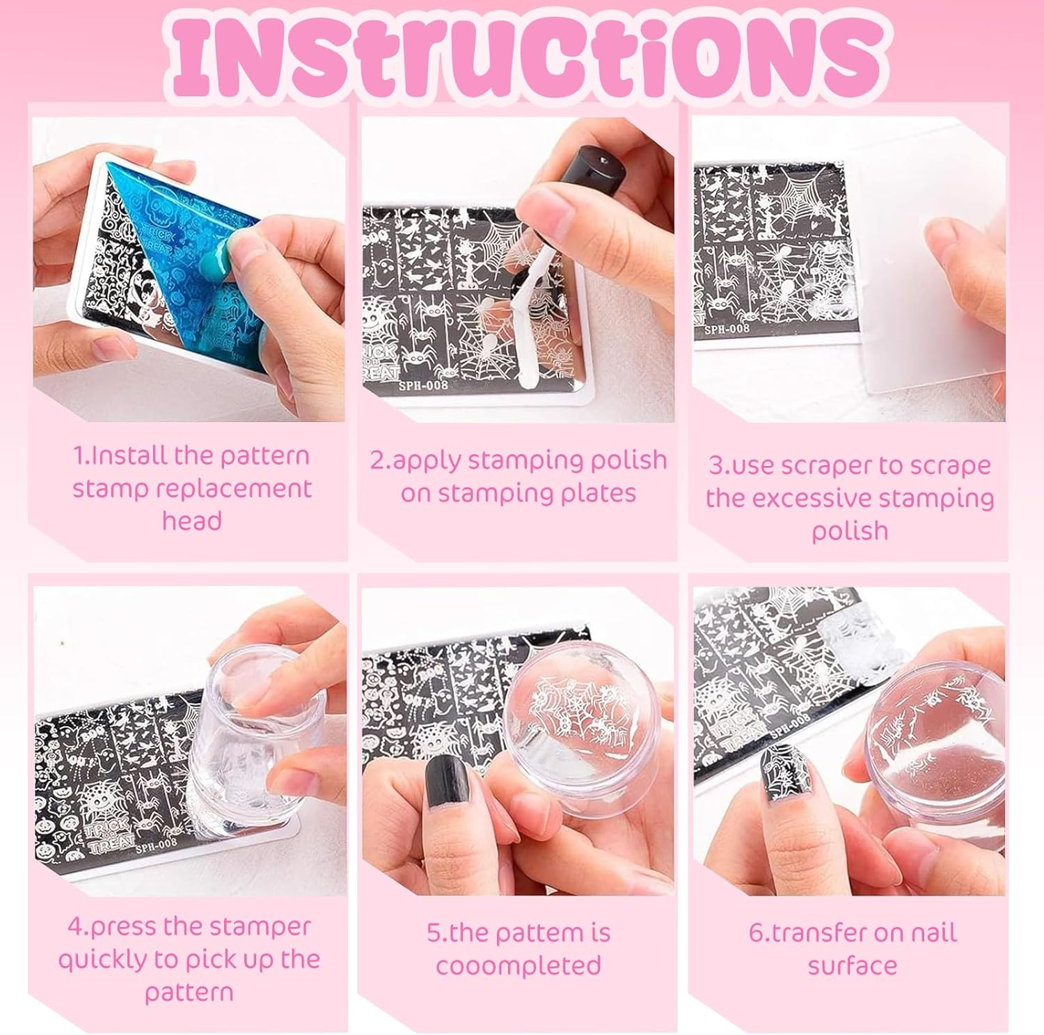 Nail Art Stamp Pen Set with 5-In-1 Silicone Nail Stamp Pen, 1 Nail Stamp, 1 Scraper, 1 Nail Pattern Printing Plate, Floral Pattern, French Manicure Stamping Tool for DIY Nail Art Designs image number 2