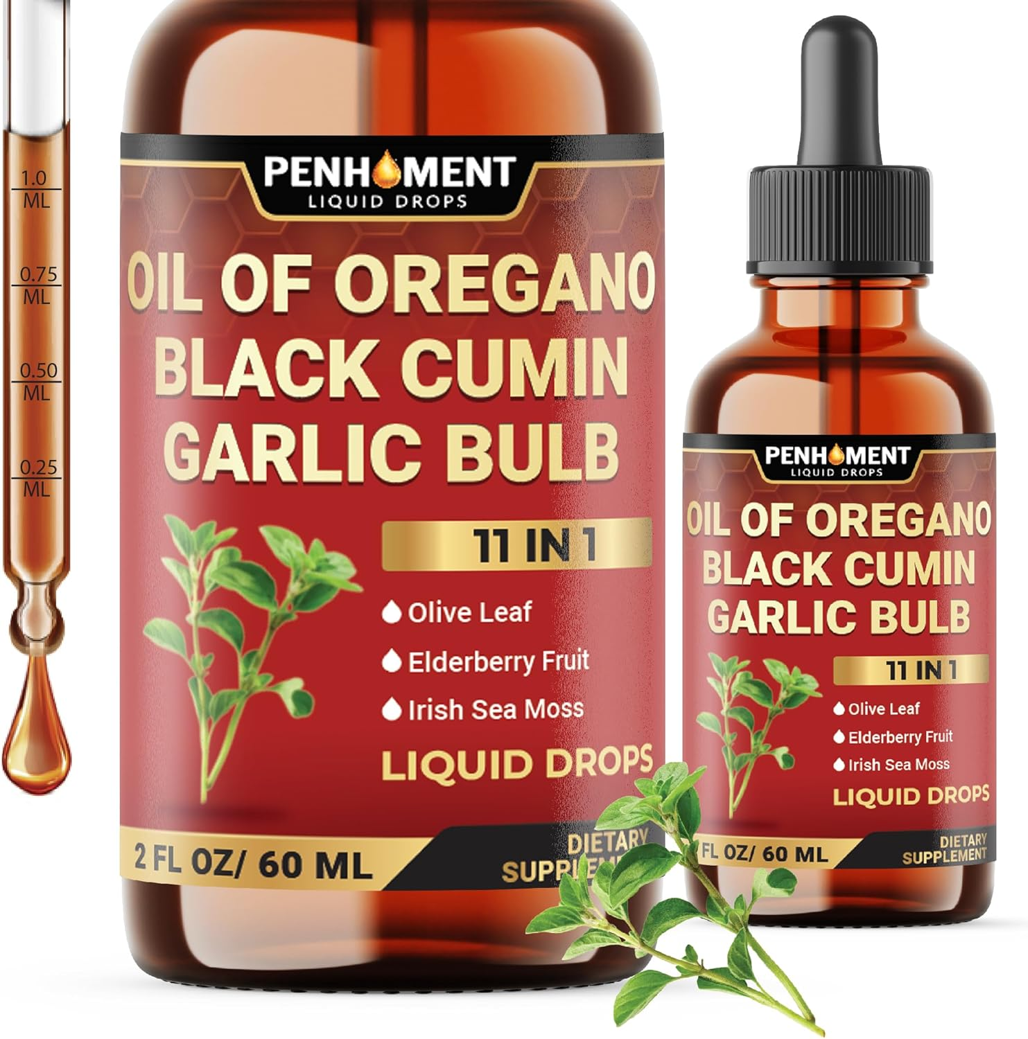PENHOMENT 11In1 Organic Oregano Oil Drops with Black Seed Liquid, Garlic, Vitamin D3 & K2, Olive Leaf, Elderberry, Sea Moss, Ashwagandha & Ginger - Immune Support - 2 Fl Oz - 60 Days image number 5