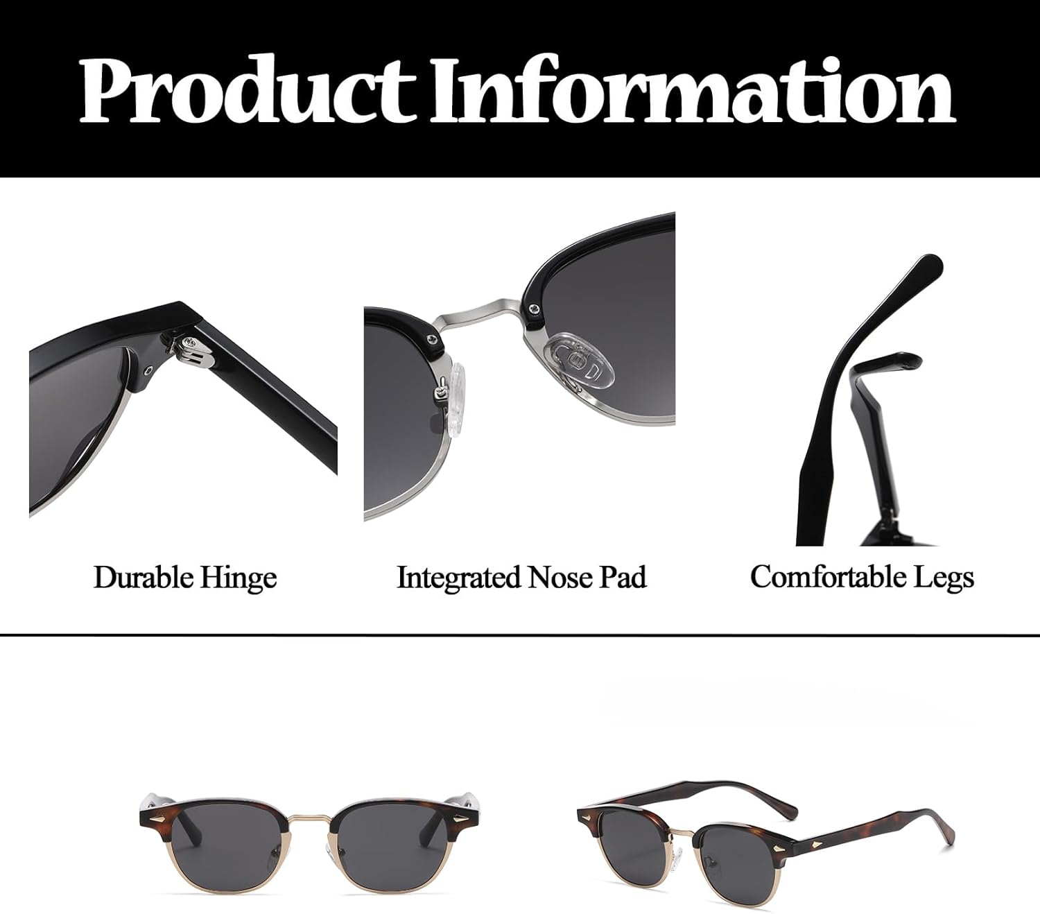 LJCZKA Polarized round Sunglasses for Men Women Retro Small Circle Semi Rimless Sun Glasses Classic Shades UV400 Protection - Black Gold Grey image number 7