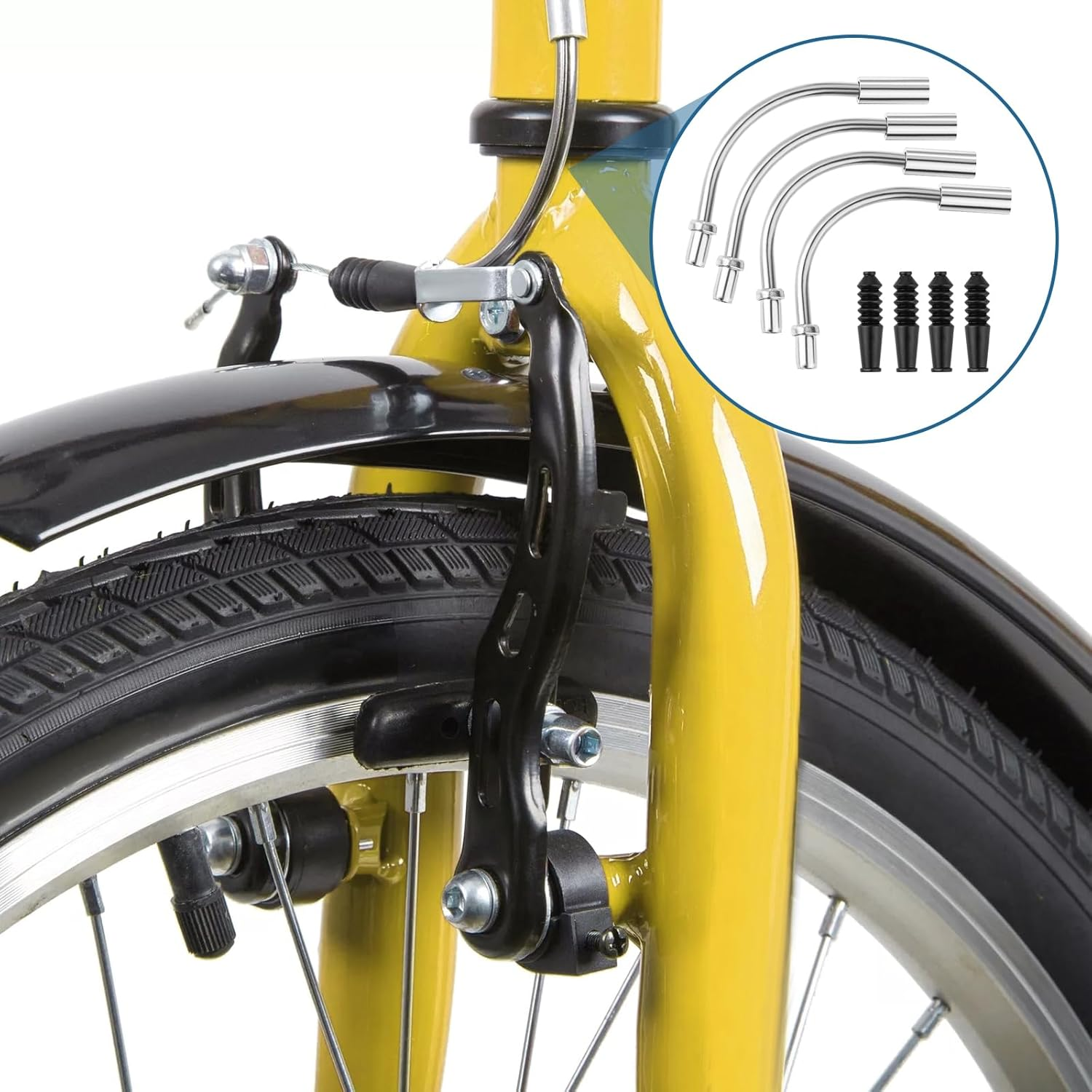 Trinkrittey Bike Brake Noodle Cable Guide Pipe Set - 8 Pcs (4X 90&deg; Bend Pipes + 4X Rubber Boots) - Silver - Plastic & Stainless Steel - Fits Most Bicycles - Easy Installation image number 2