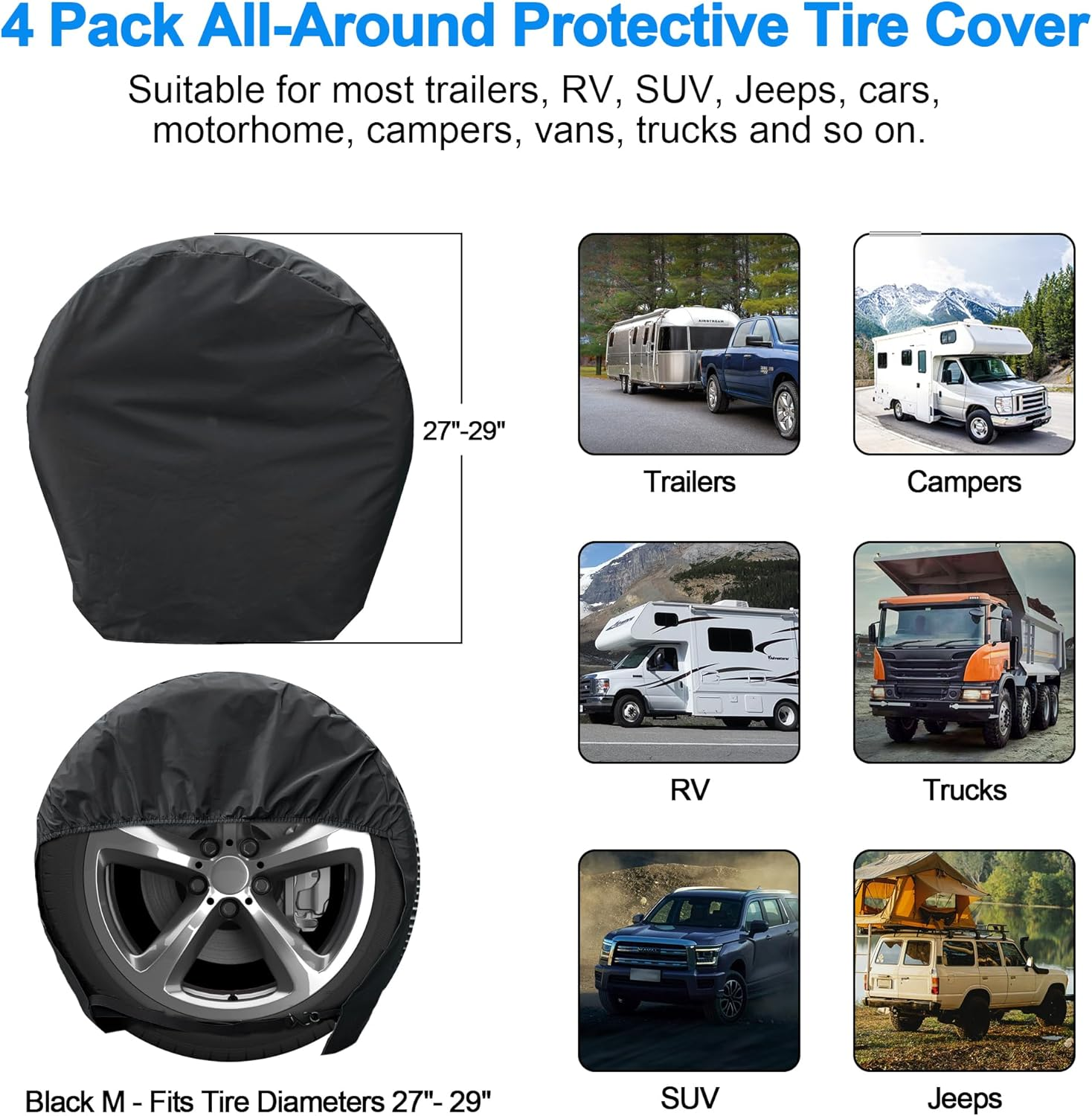Tire Covers 4 Pack, Tough Tire Wheel Protector for RV, Truck, SUV, Travel Trailer, Jeep, Camper, Universal Outdoor Waterproof Windproof Tire Cover Set Fits Tire Diameters 27-29 Inches(Black) image number 1