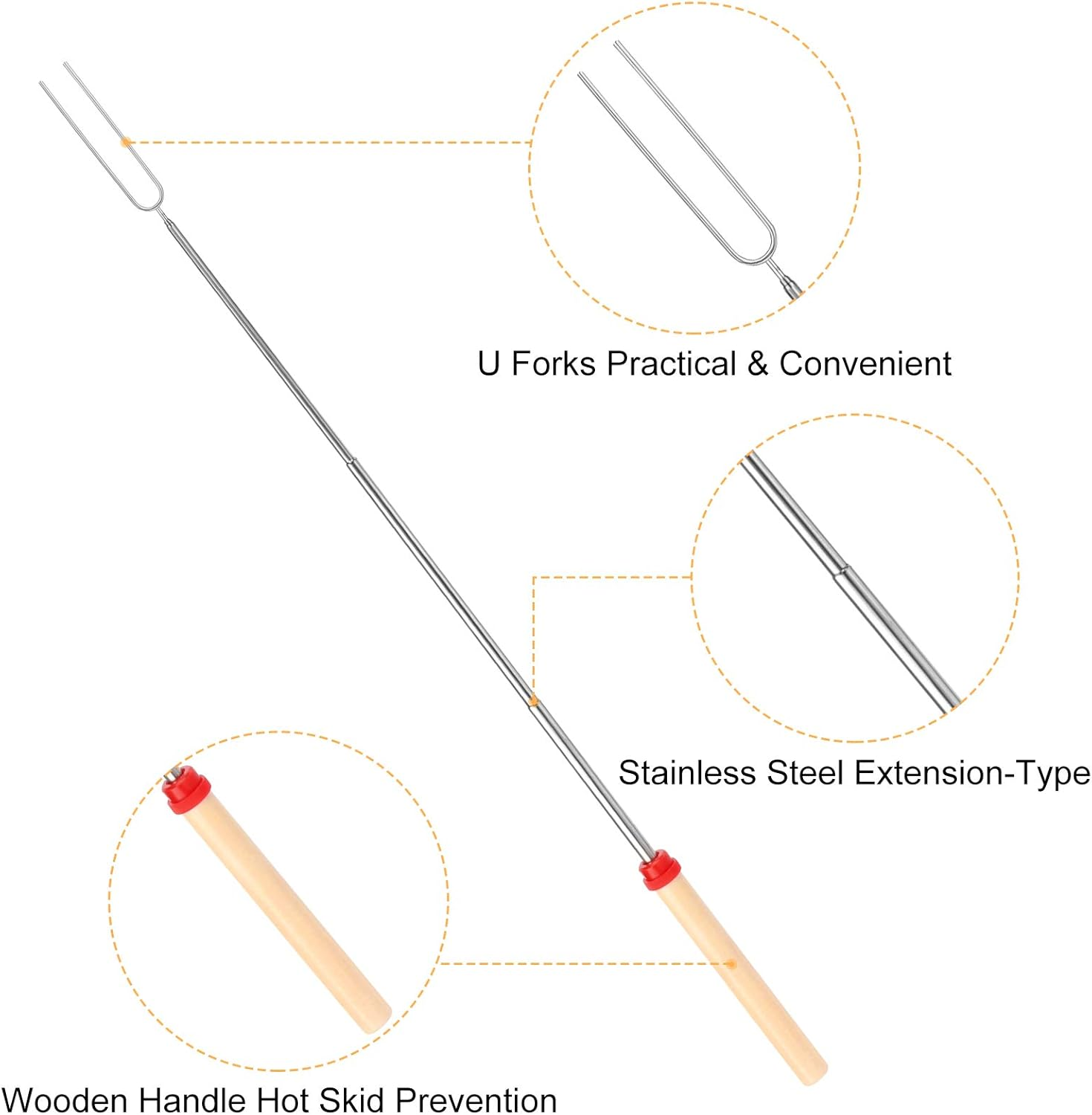 Marshmallow Toasting Forks, Telescoping Smores Sticks for Fire Pit, Marshmallow Roasting Sticks Barbecue Forks for Hotdog Hot Dog Bonfire Smores Skewers for Open Fire Pits Campfire Camping, 4 PCS image number 4