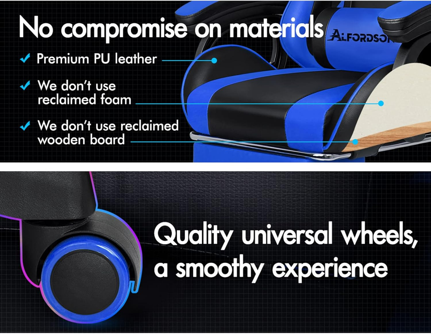 ALFORDSON Gaming Chair with Massage and 150&deg; Recline, Ergonomic Executive Office Chair PU Leather with Footrest, Adjustable Height Racing Chair with SGS Listed Gas Lift, Max 180Kg(Blue) image number 3