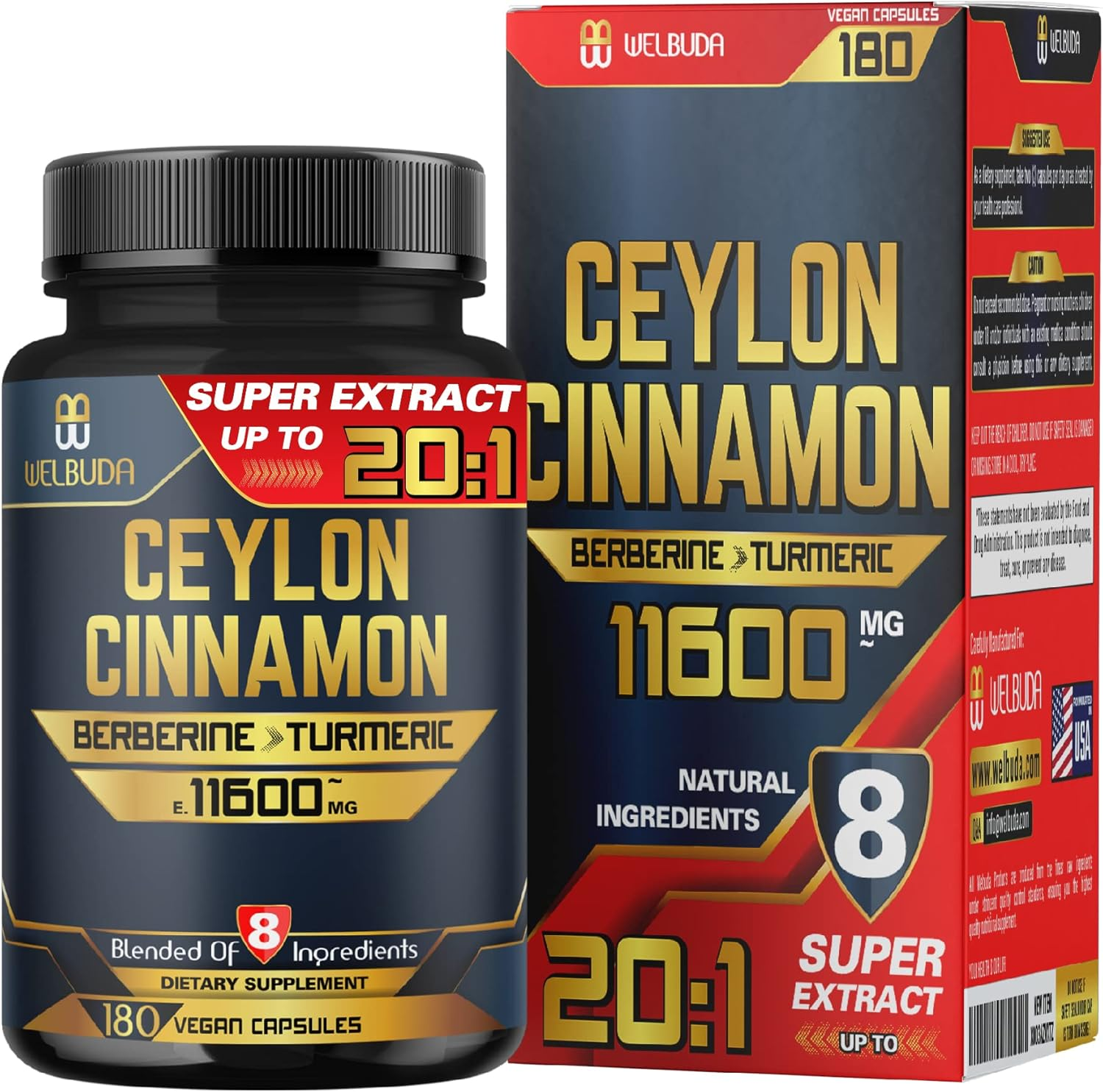 8In1 Ceylon Cinnamon Supplement Extract - 11600Mg Blended from Berberine, Turmeric, Ginger, Gymnema Sylvestre & More - 180 Capsules for 3-Month Supply - Heart Health, Brain, & Immune Support image number 4
