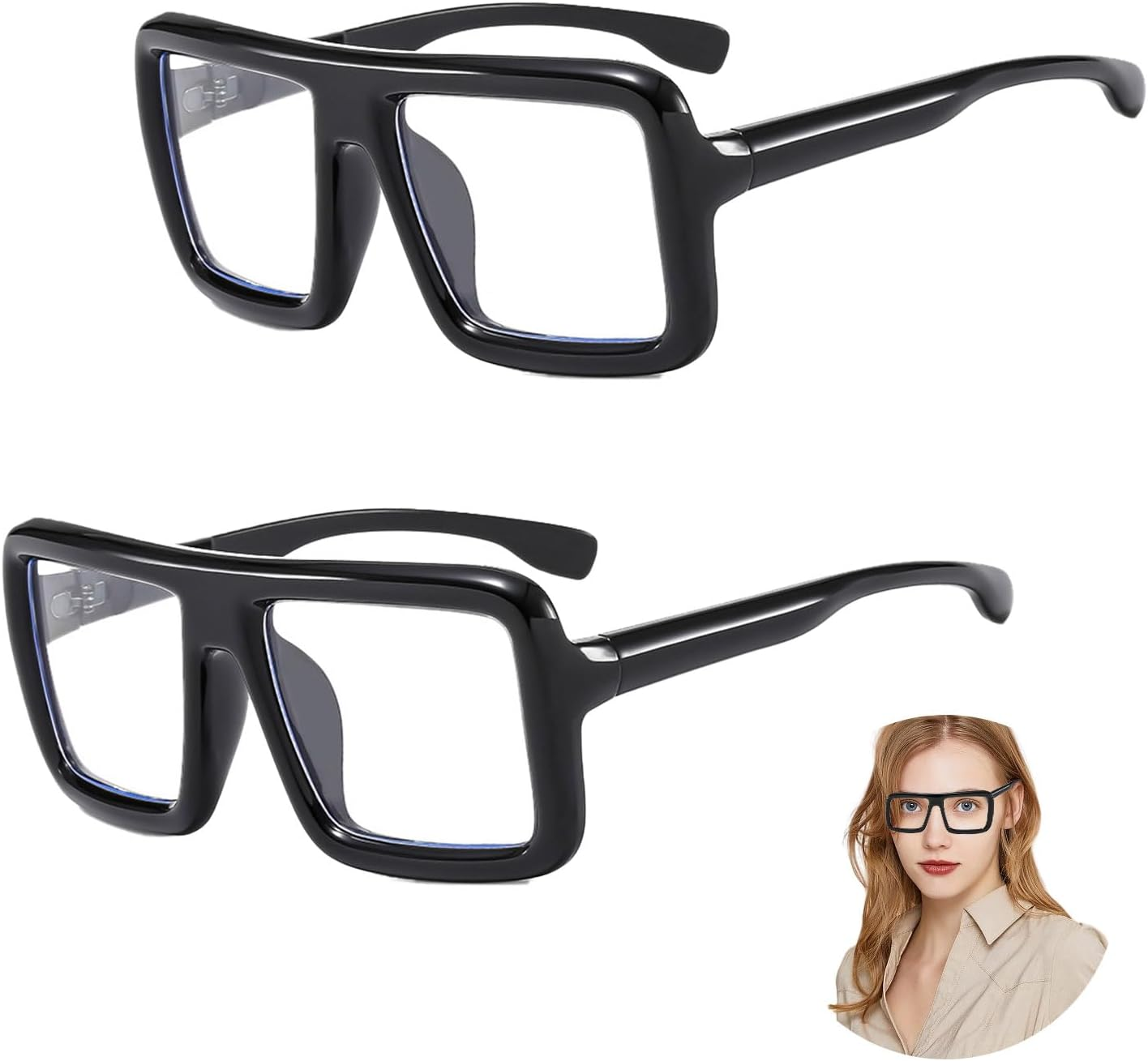 2 Pcs Oversize Eyeglasses, Retro Large Frame Glasses, Thick Black Frames Clear Lens, Square Glasses, Fashion and Costume Accessories, Classic Fake Glasses, Nerd Fun Glasses (Black) image number 2
