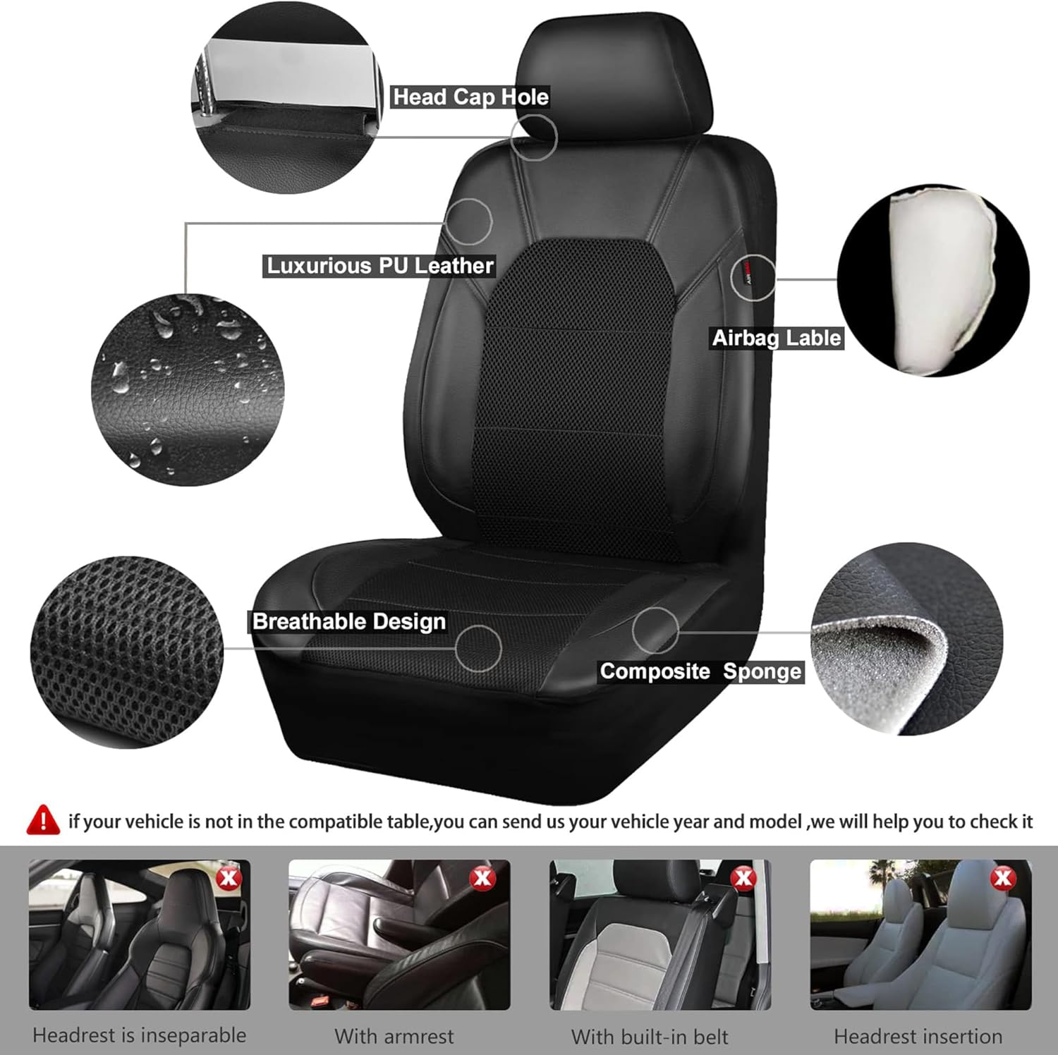 Leather Seat Cover, Sports Car Seat Cover with over 5Mm Composite Sponge Inside, Airbag Compatible with Most Suvs, Trucks, and Vans (Complete Set+2 Headrests (Black) - Black image number 5