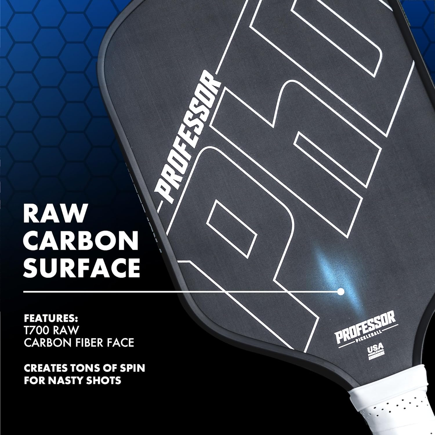 Professor Phd Raw Carbon Fiber Pickleball Paddle - White Edge - C - Phd Pro - Grey Edge image number 7