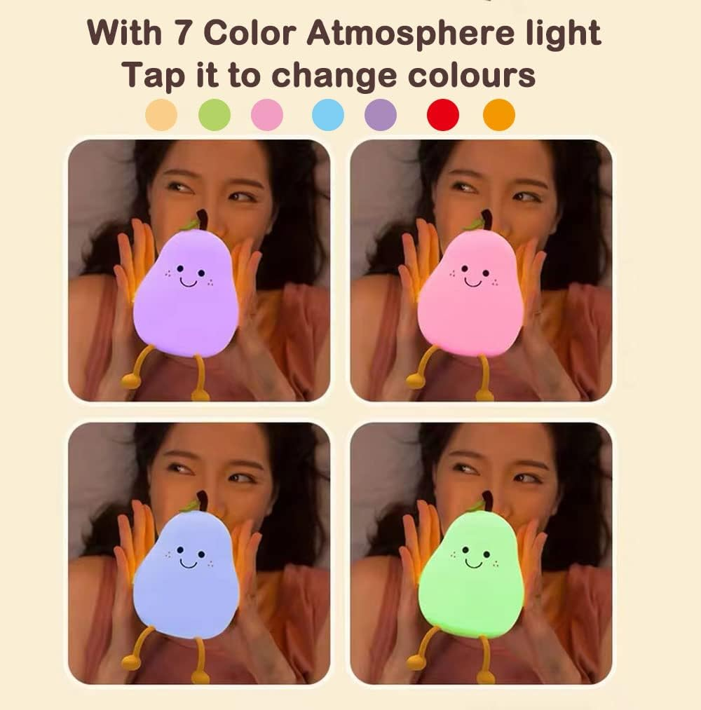 LADWOKFI Silicone Night Light Lamp Cute Pear USB 1200Mah Rechargeable Lights Bedroom with Timing Function 7 Color Dimmable Night Light Nightlights for Kids Adult Room/Bedroom Gift