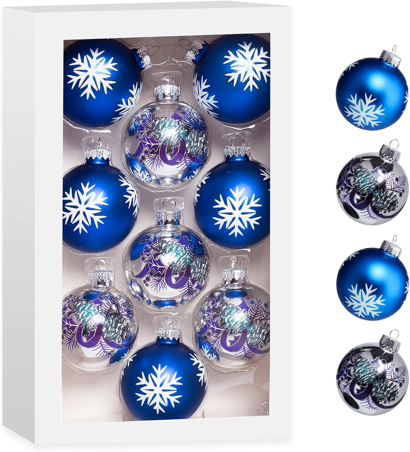 Amooca Christmas Colorful Glass Balls Decoration Festival Party Home Decors Holiday Xmas Tree Hanging Ornaments Set 9Pc 2.65In Silver Snowman & Reindeer Printing
