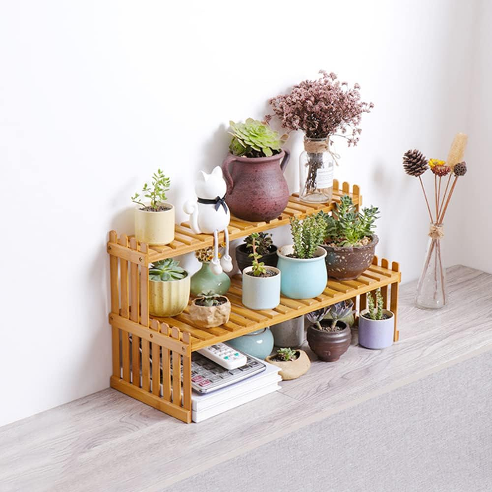 Countertop Bamboo Plant Shelf Bamboo Flower Pot Stand Balcony Flower Rack Cabinet Organizer Multi-Function DIY Desktop Storage Rack for Living Room Bedroom Kids Room 37Cm&2 Layers - 47Cm2 Layers image number 4