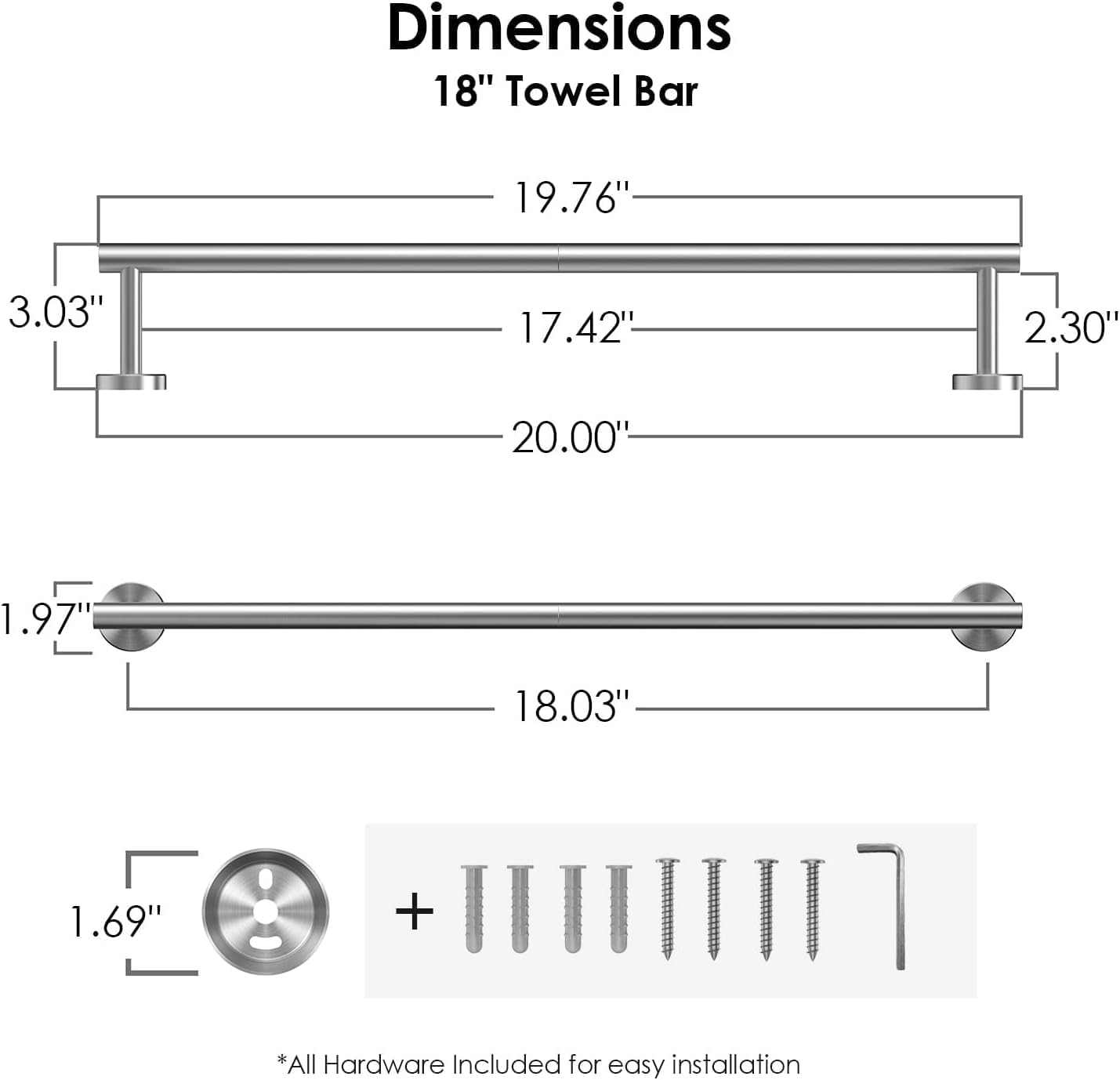 FORIOUS Towel Rail, Wall Towel Rack Mounted Stainless Steel, Hand Towel Holder 20 Inch for Bathroom, Includes Wall Mounting Hardware, Brushed Nickel