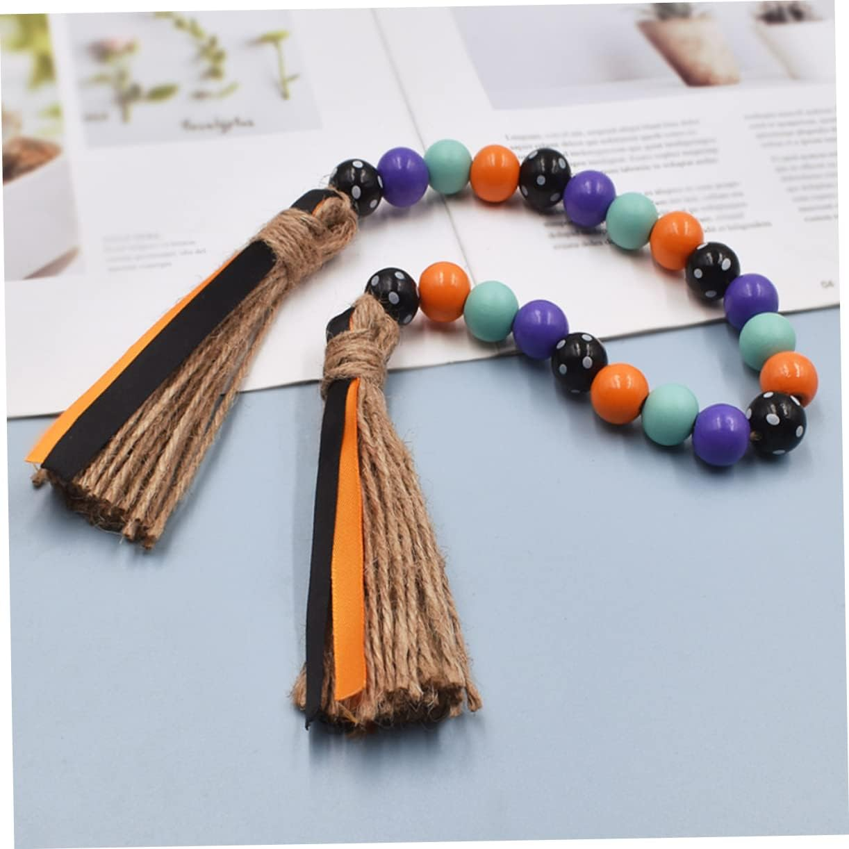 Wooden Beaded Garland Decorative Wall Hanging Tiered Tray Beaded Garland Rustic Home Decor for Party image number 1