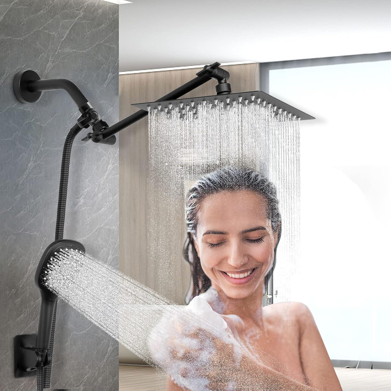 Nearmoon Solid Brass G1/2" Shower Arm, 3-Way Diverter Valve for Handheld and Fixed Spray Head, Bathroom Component for Showerhead Combo T-Adapter (Fixed Nut, Matte Black) image number 1