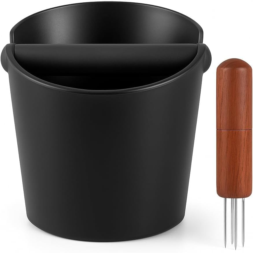 Extra‑Large Matte Black Coffee Knock Box, Espresso Knock Box,15 X 15 X 13 Cm,Silent Shock‑Absorbing Rubber Bar,Stable Non‑Slip Base,Premium Wooden 6‑Needle Distribution Tool Gift,Coffee Grounds Bin image number 4