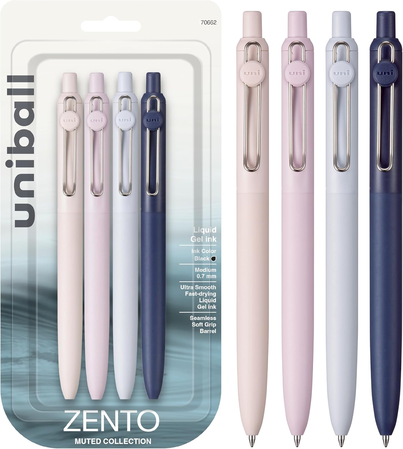 Uni-Ball Zento Gel Ink Rollerball Pens, 4 Black Medium Point Smooth Writing Pens, Colored Japanese Pens, Muted Colors