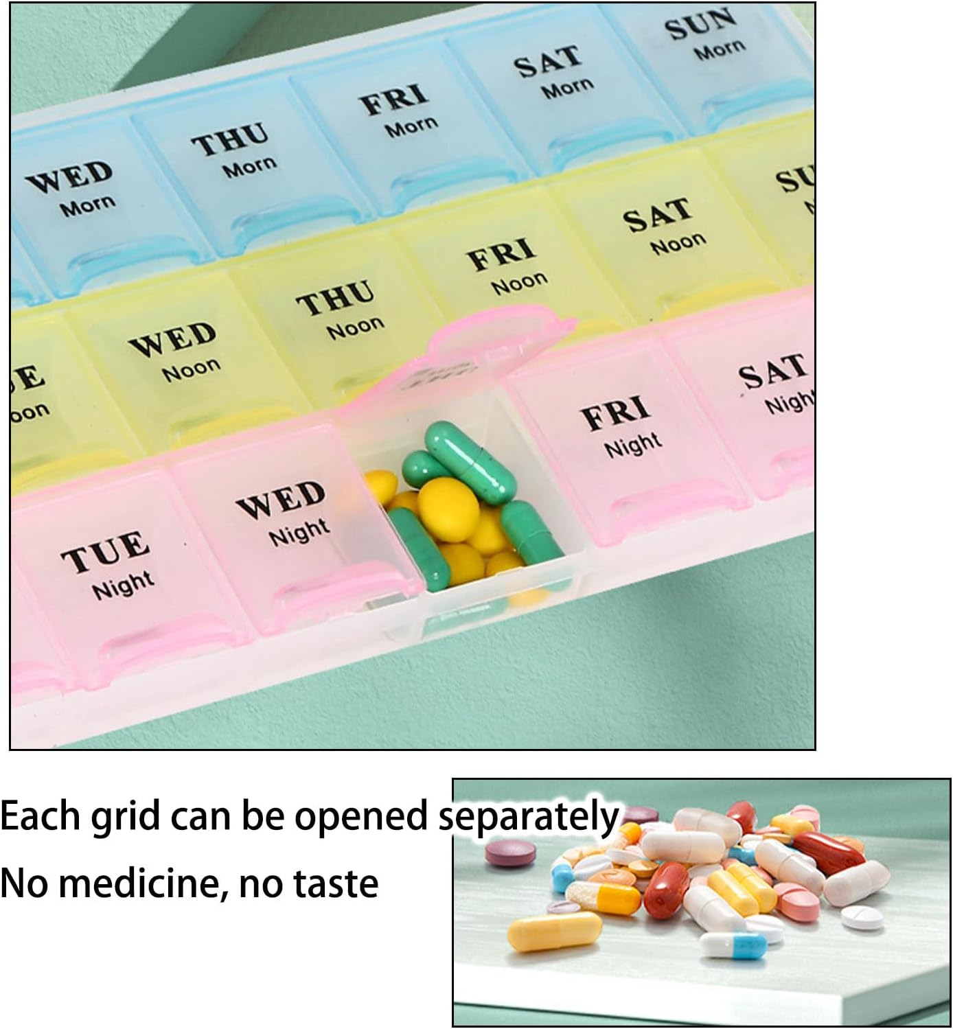 Pill Organiser, 3-Color 21-Grid Moisture-Proof Weekly Pill Organiser for Morning, Noon and Evening, Portable Medicine Reminder Medicine Organiser, for Pills Vitamins Fish Oil Supplement image number 2