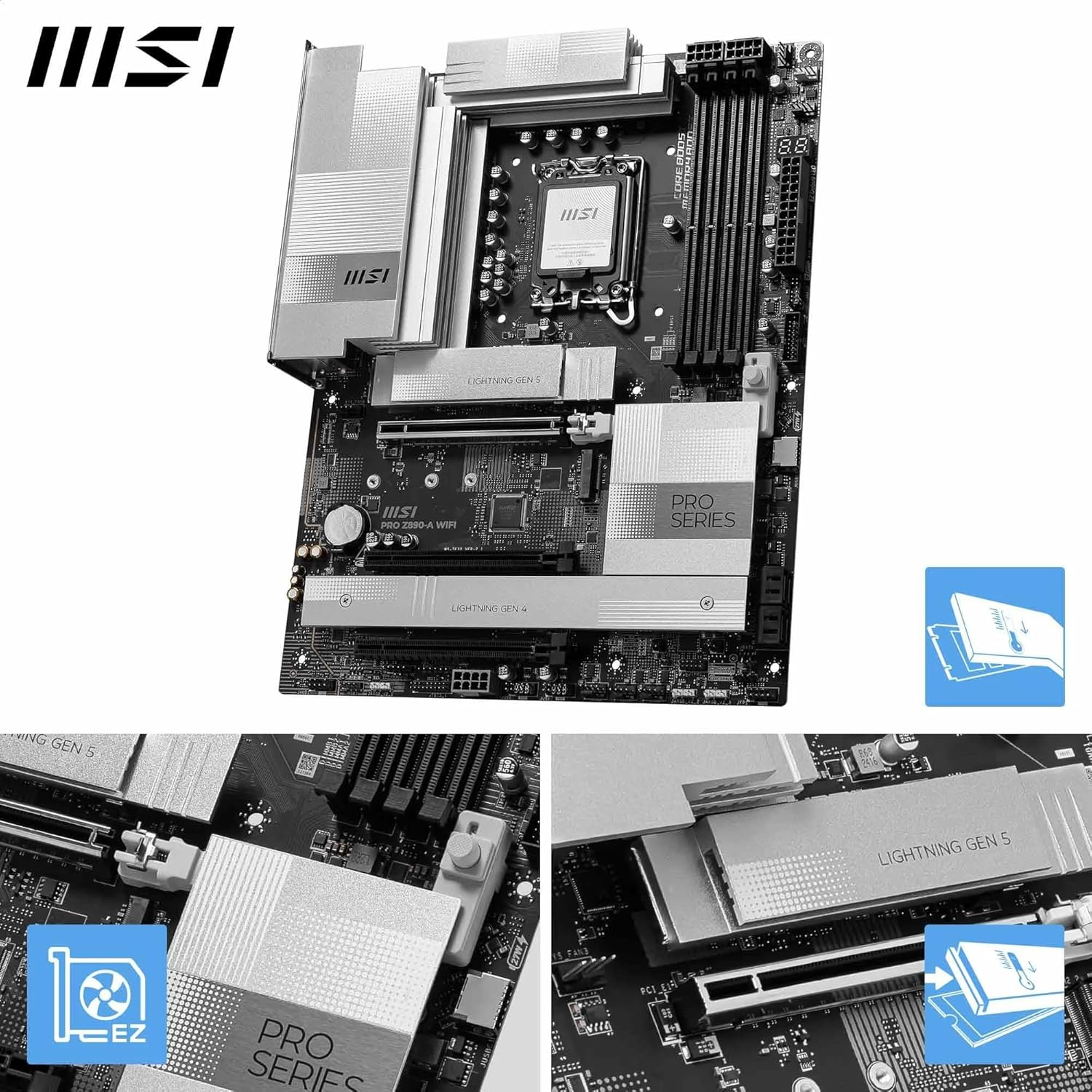 MSI PRO Z890-A Wifi Motherboard, ATX - Supports Intel Core Ultra Processors (Series 2), LGA 1851-90A SPS VRM, DDR5 Memory Boost (9200+ Mt/S OC), Pcie 5.0 X16 & 4.0 X16, M.2 Gen5, Wi-Fi 7, 5G LAN image number 2
