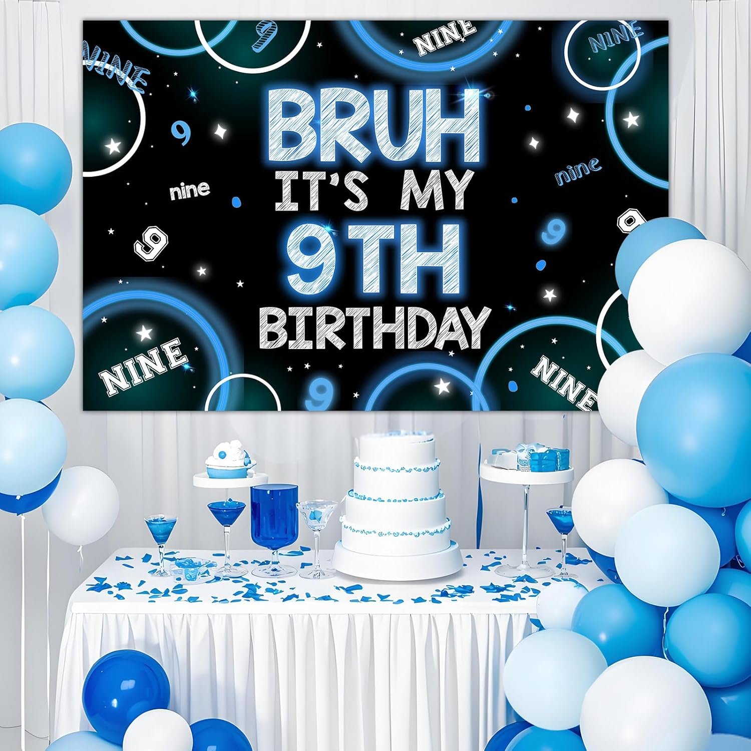 Wonmelody Bruh It&rsquo;S My 9Th Birthday Decor 4.92*3.28Ft Bruh It&rsquo;S My 9Th Birthday Backdrop Banner Blue Black 9Th Birthday Decor for Boy Happy 9Th Birthday Party Supplies Cheers to Nine Years Old Decor image number 5