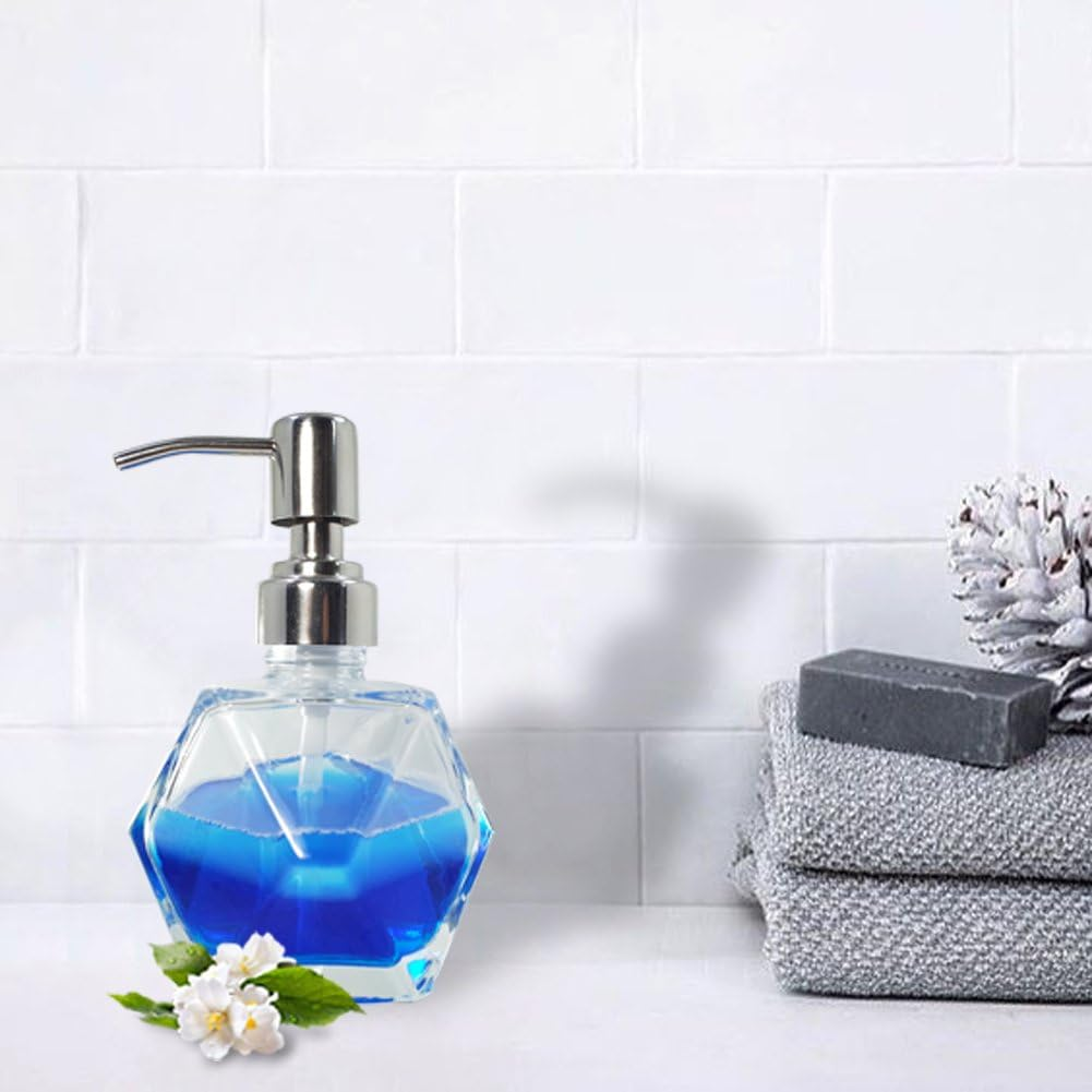 Modern Geometric Shape Clear Glass Soap Dispenser Lotion Dispenser Bottle with Rust Proof Stainless Steel Pump for Kitchen Bathroom Accessory Countertop Great for Soap Lotions and Body Oil. image number 2
