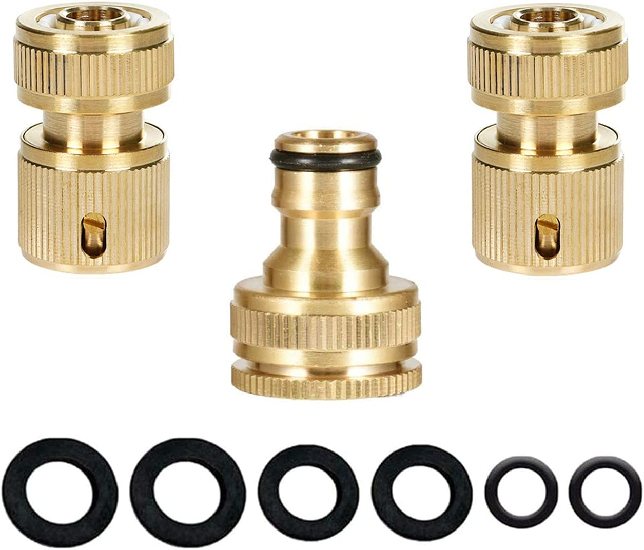Brass 2-In-1 Outdoor Tap Connector Kit with 3/4 & 1/2 Inch Female Threaded Adapter, Quick Hose Pipe Fittings for Garden Tube (3 Pack)