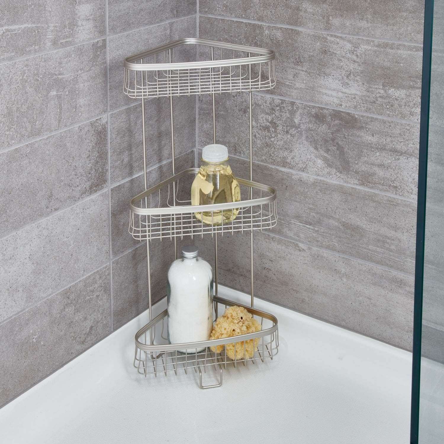 Interdesign York Lyra Free Standing Bathroom or Shower Corner Storage Shelves for Towels, Soap, Shampoo, Lotion, Accessories - 3 Tier, Satin image number 2