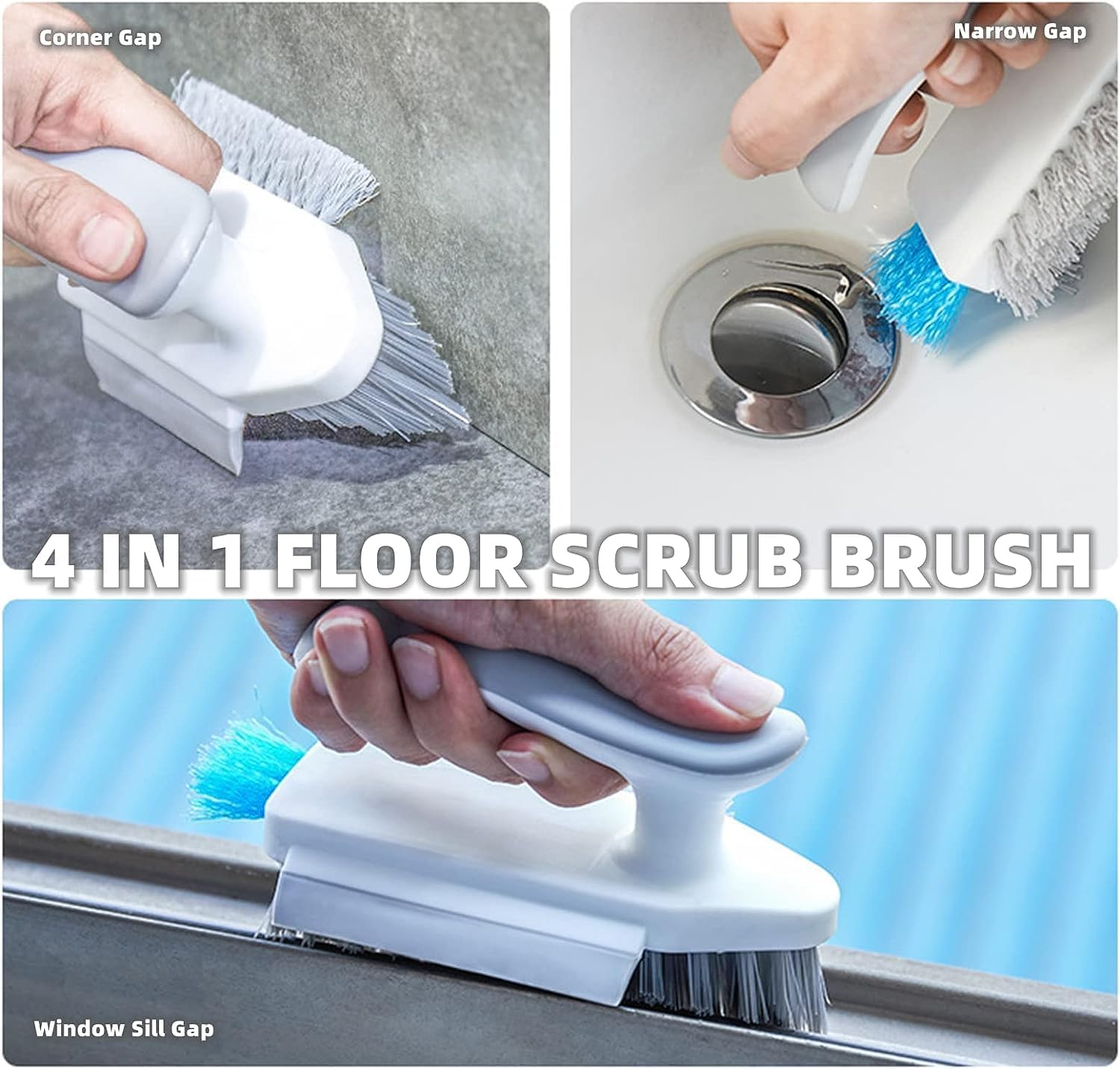 Cleaning Brushes, 4-In-1 Floor Scrub Brush with Squeegee V-Shape Gap Scrub Brush Tile Grout Cleaner Brush Corner Crevice Scrubber Baseboards Brush Tool Groove Brush Multi-Purpose Scrubbing Tools image number 6