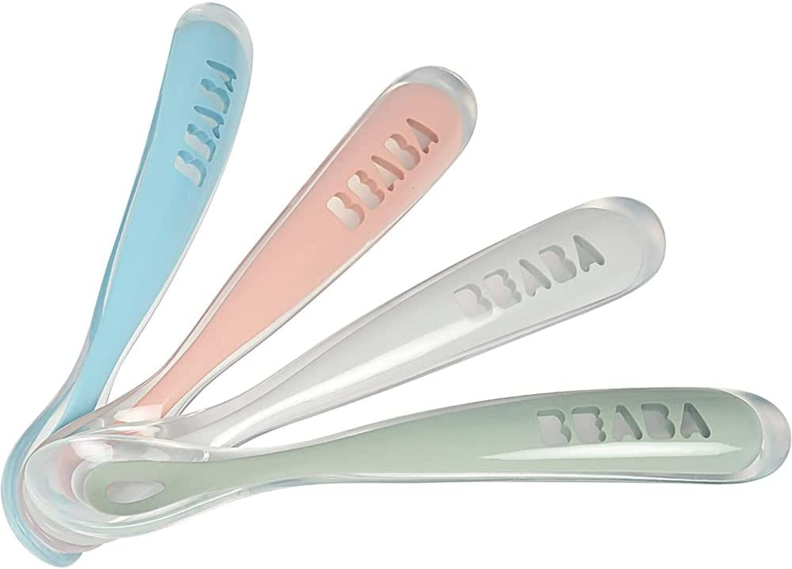BEABA 1St Stage Silicone Spoons Set (4 Pack), Soft Rounded Tip and Ergonomic Handle for 4 Months and Up, Windy Blue/Eucalyptus Green/Light Mist/Vintage Pink